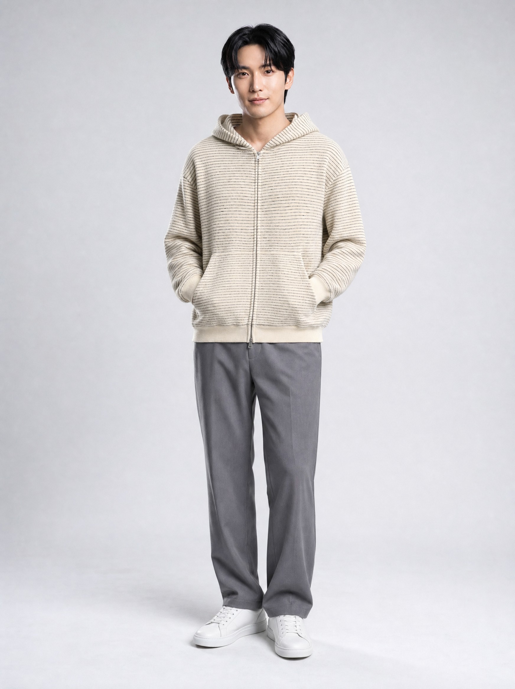 Striped Hooded Knit Jacket in off-white, AI-rendered on the house model from the product photo