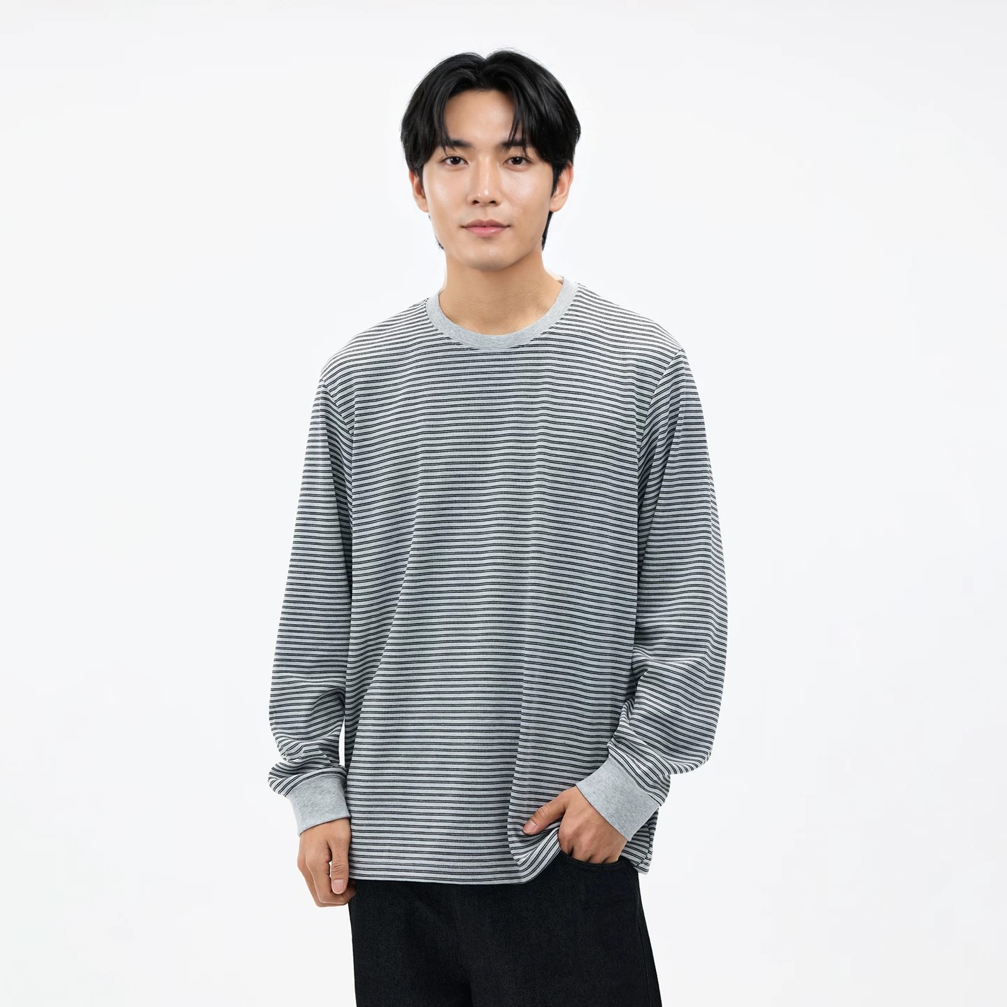 Striped Long-Sleeve Crew Tee in grey, worn by the house model