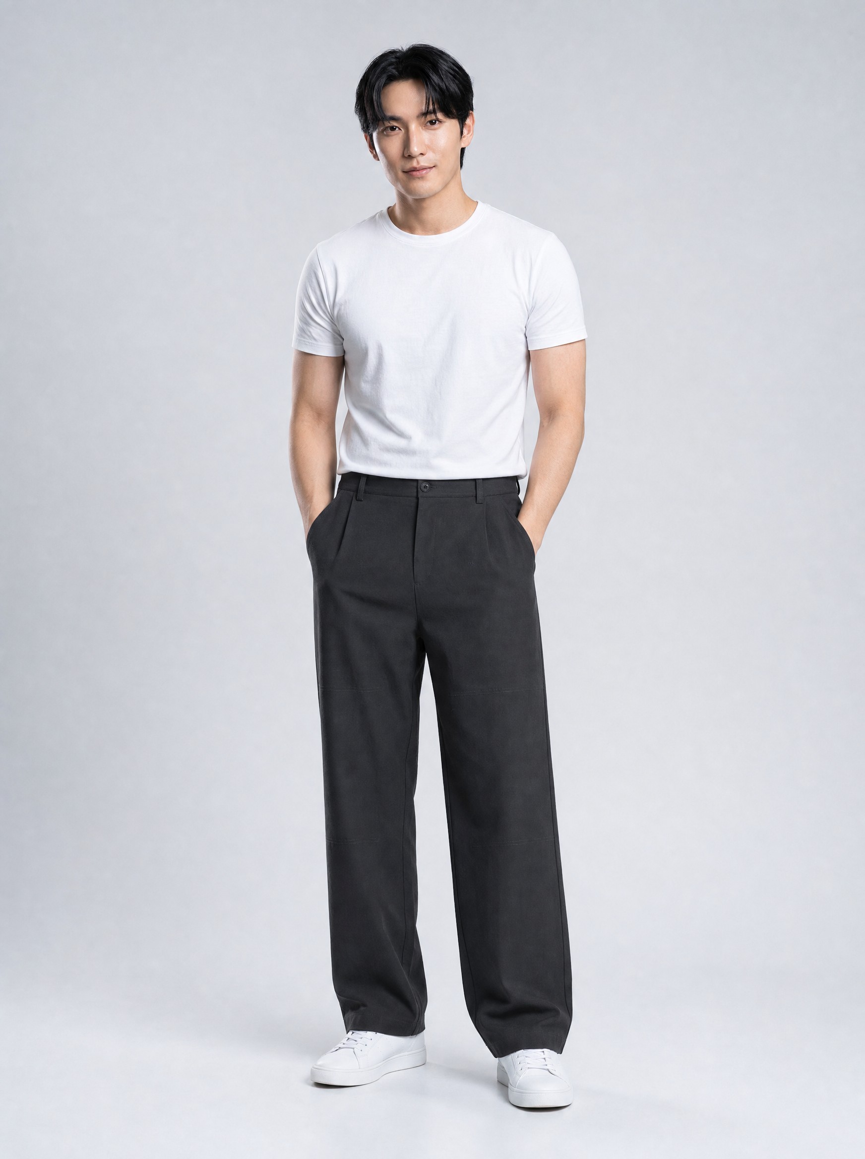 Straight-Leg Cotton Trousers in grey, AI-rendered on the house model from the product photo