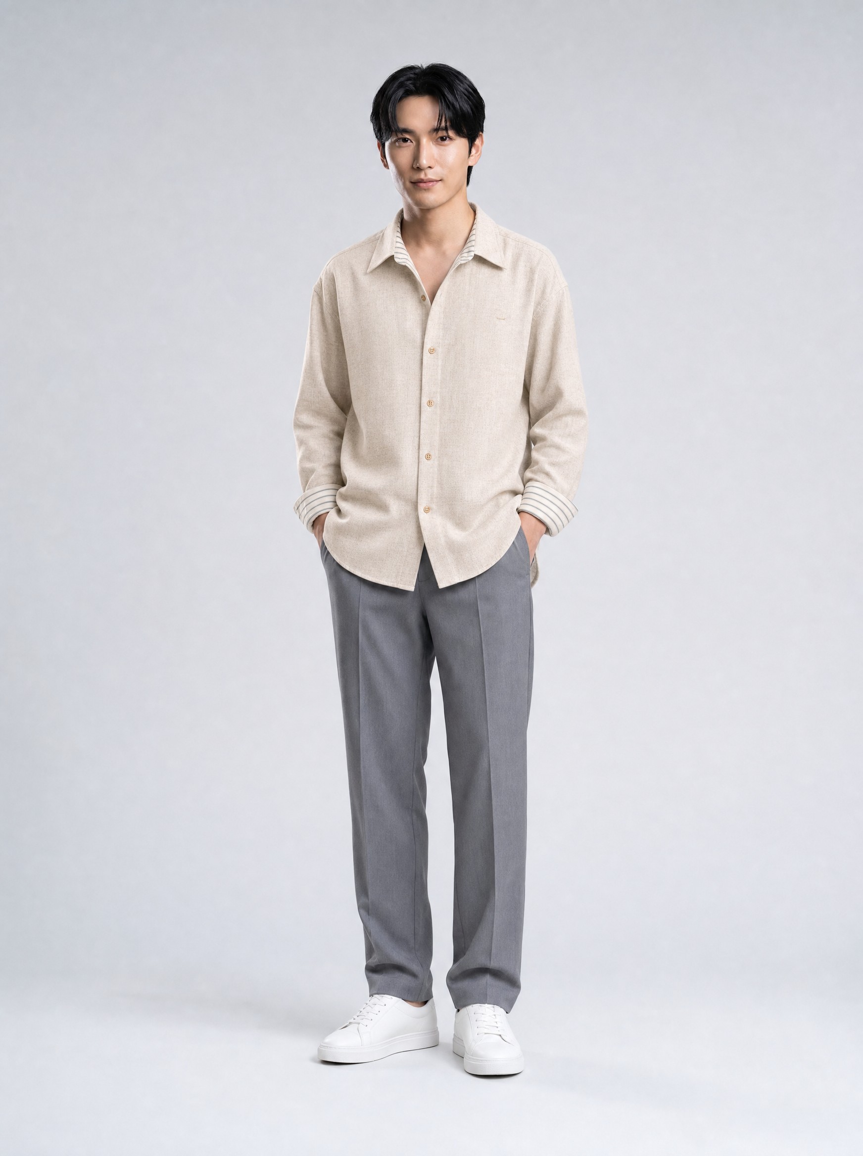 Dropped-Shoulder Textured Shirt in apricot, AI-rendered on the house model from the product photo