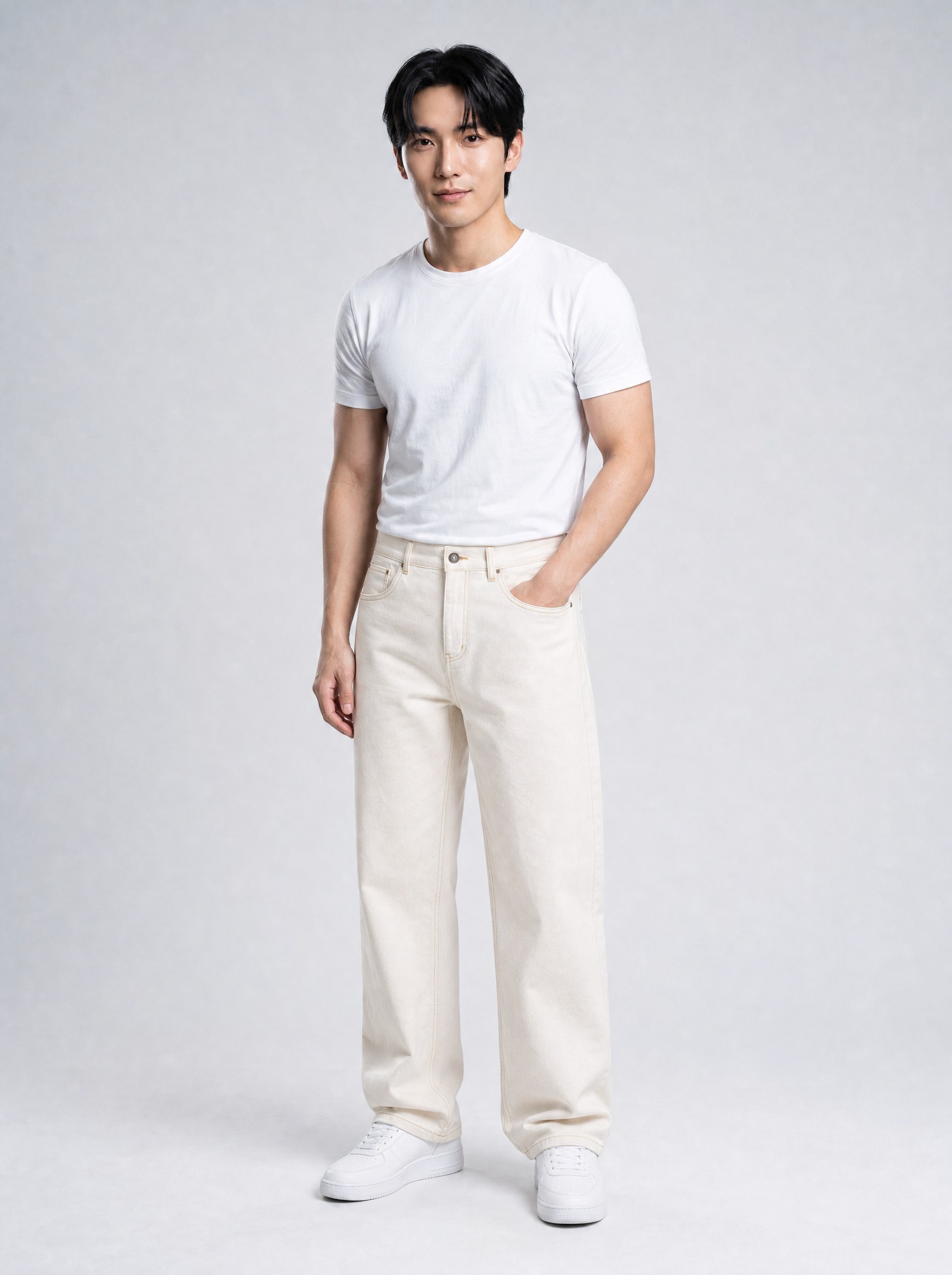 Off-White Wide-Leg Jeans in off-white, AI-rendered on the house model from the product photo