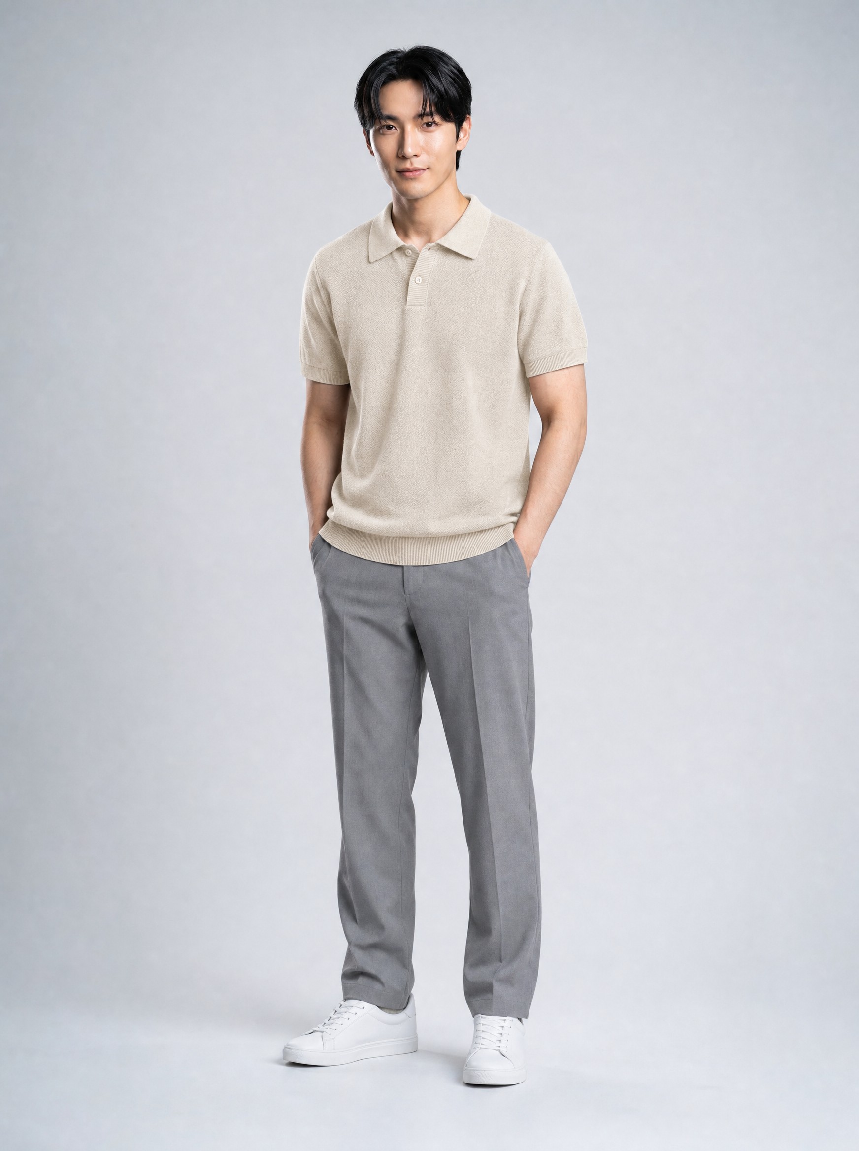 Garment in apricot, AI-rendered on the house model from the product photo