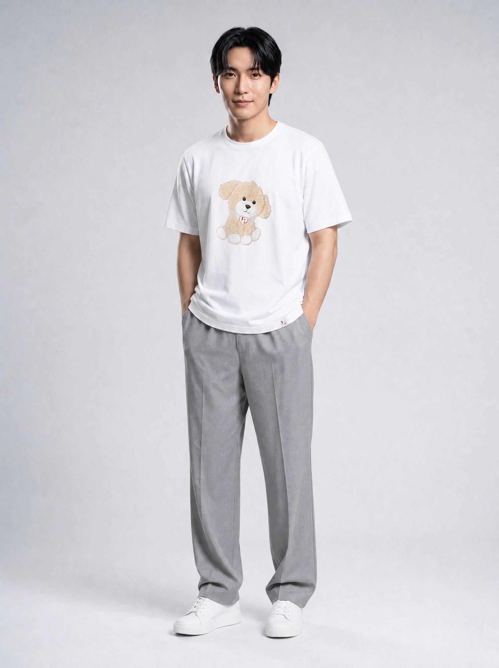 Puppy Print Cotton Tee in white, AI-rendered on the house model from the product photo