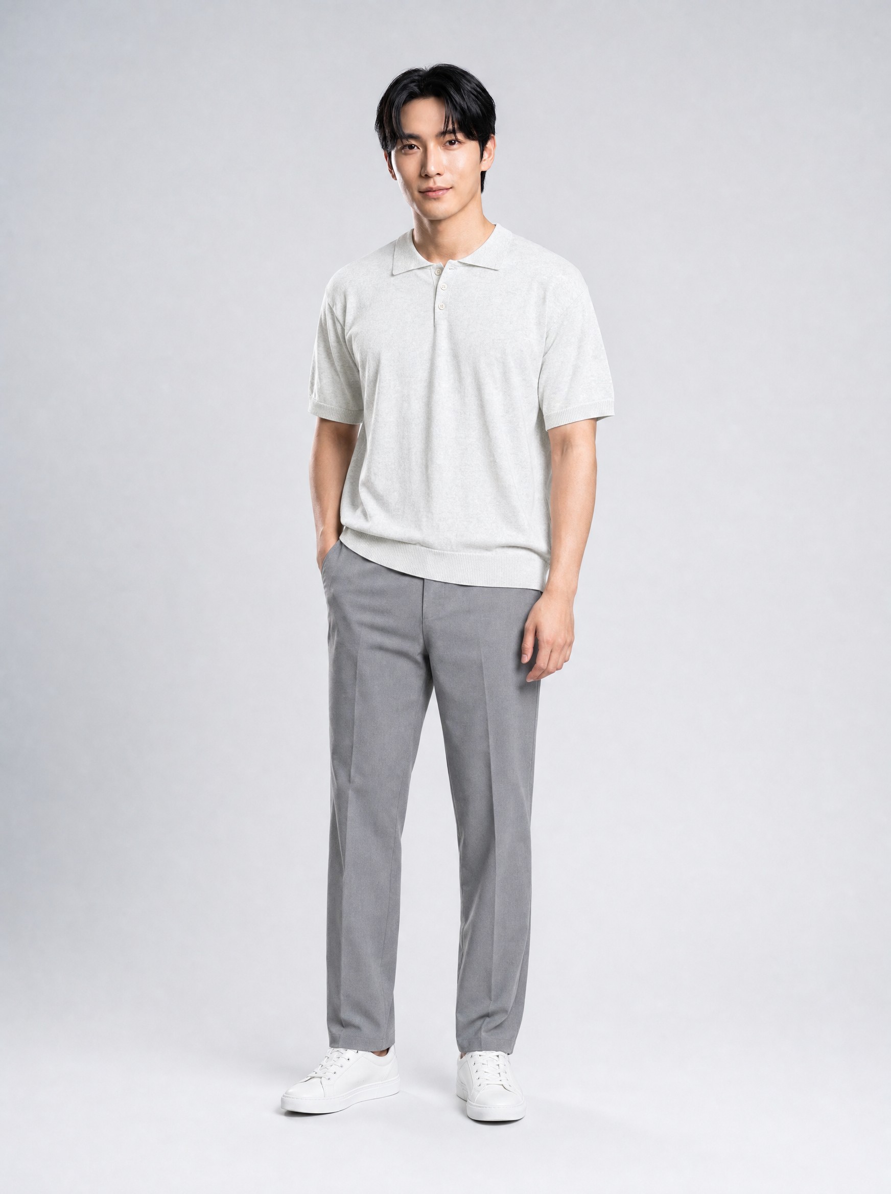 Garment in white, AI-rendered on the house model from the product photo