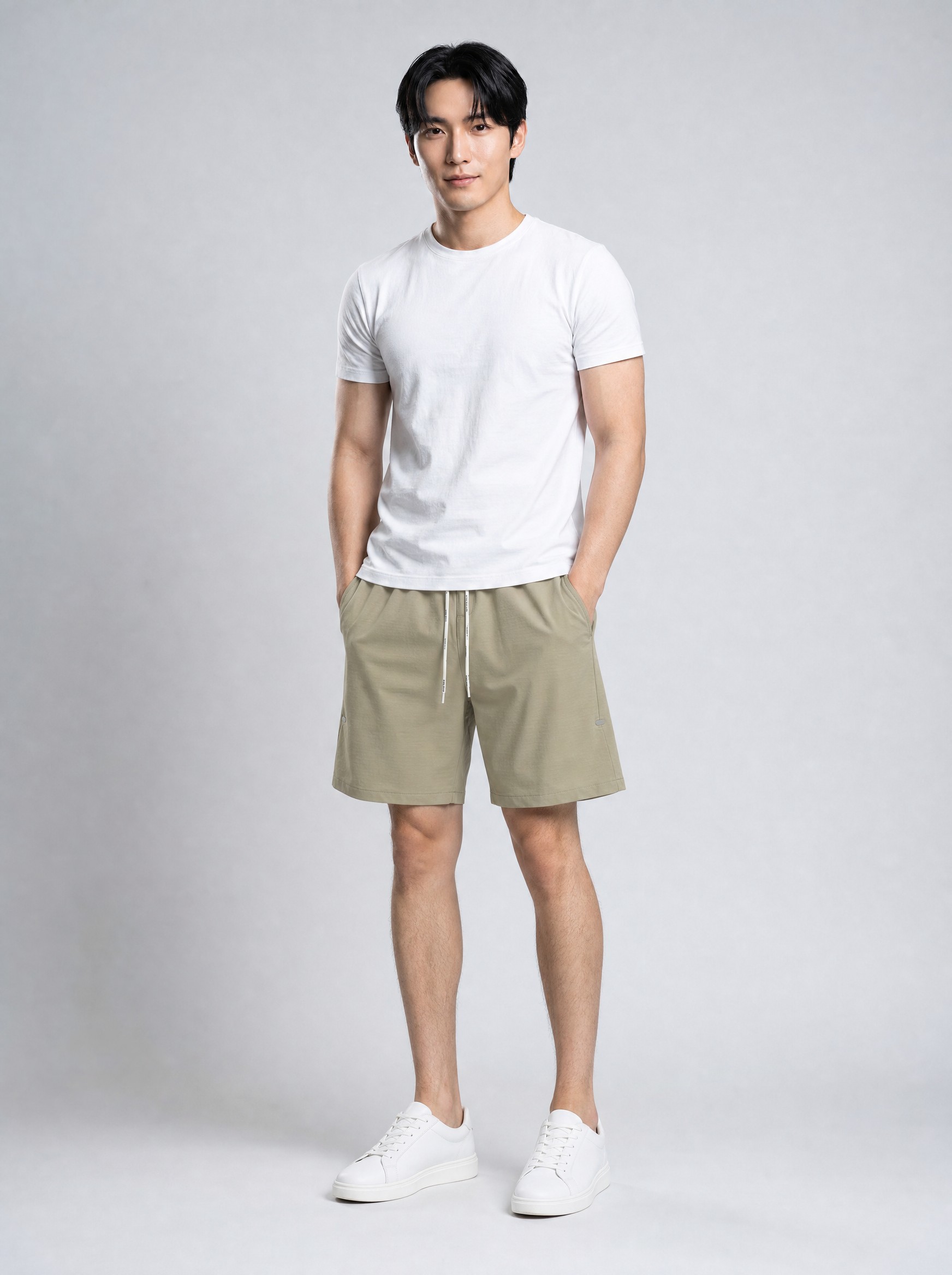 Water-Resistant Beach Shorts in khaki, AI-rendered on the house model from the product photo