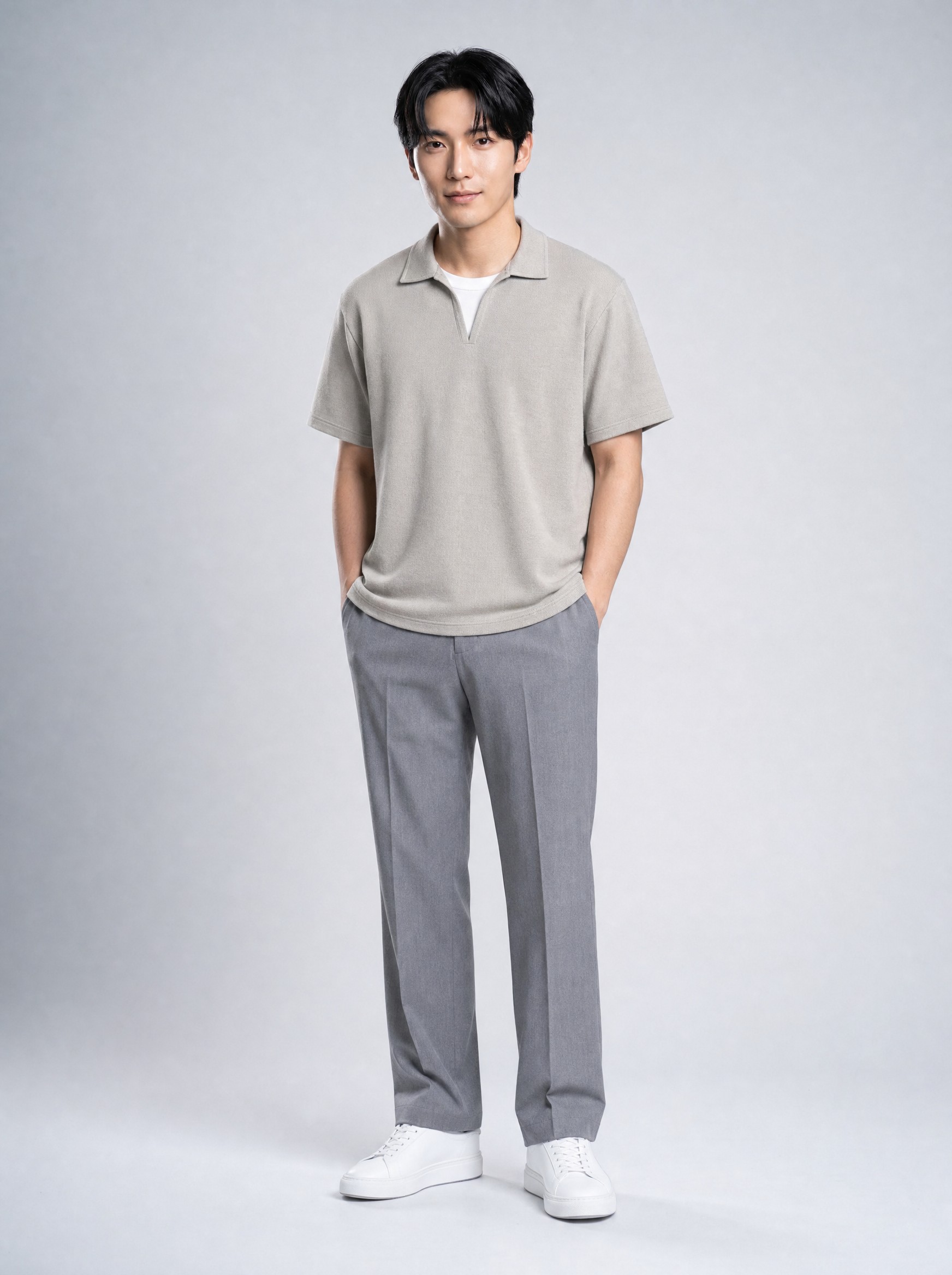 Open-Collar Knit Polo in oatmeal, AI-rendered on the house model from the product photo
