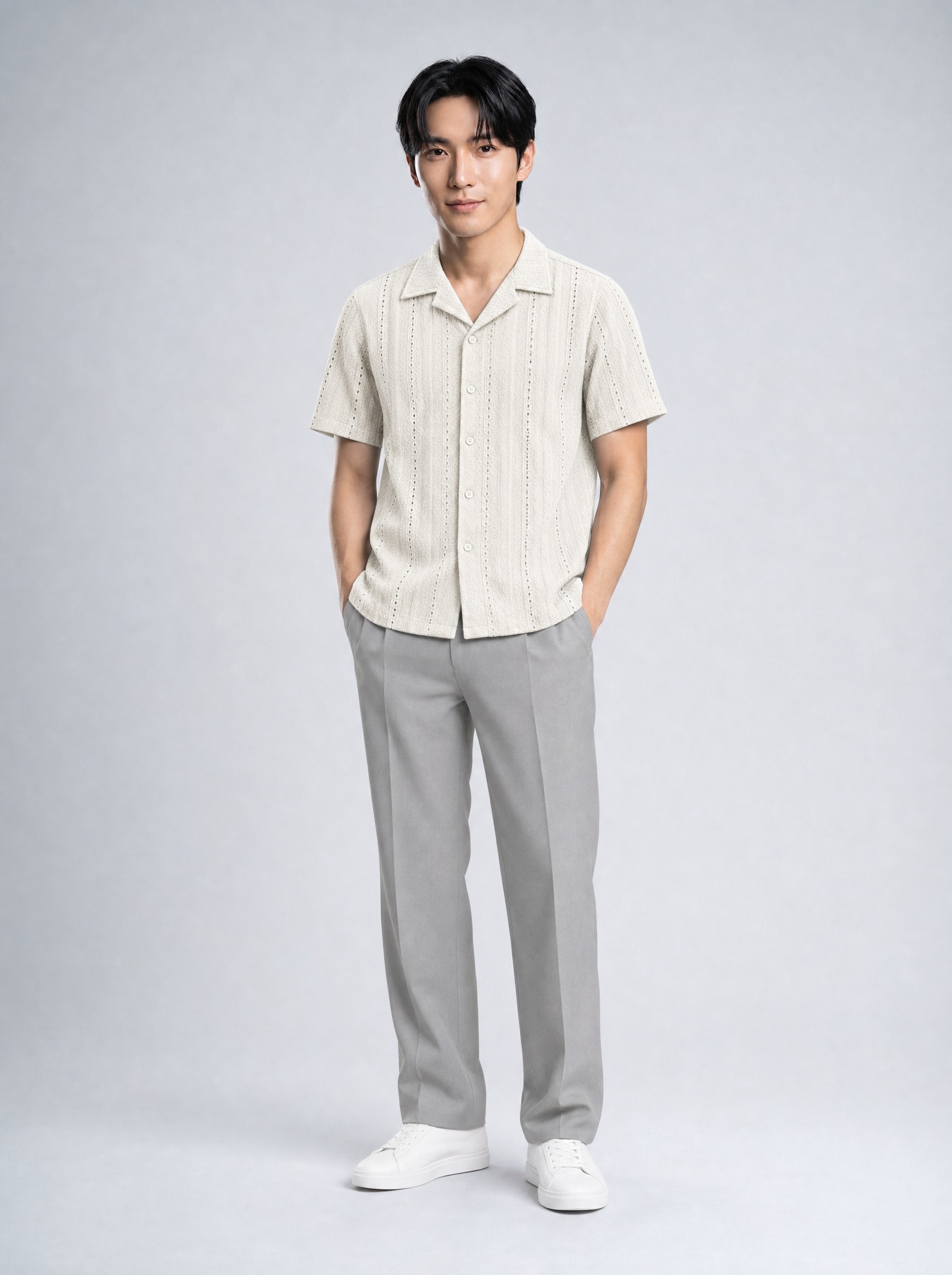 Garment in white, AI-rendered on the house model from the product photo