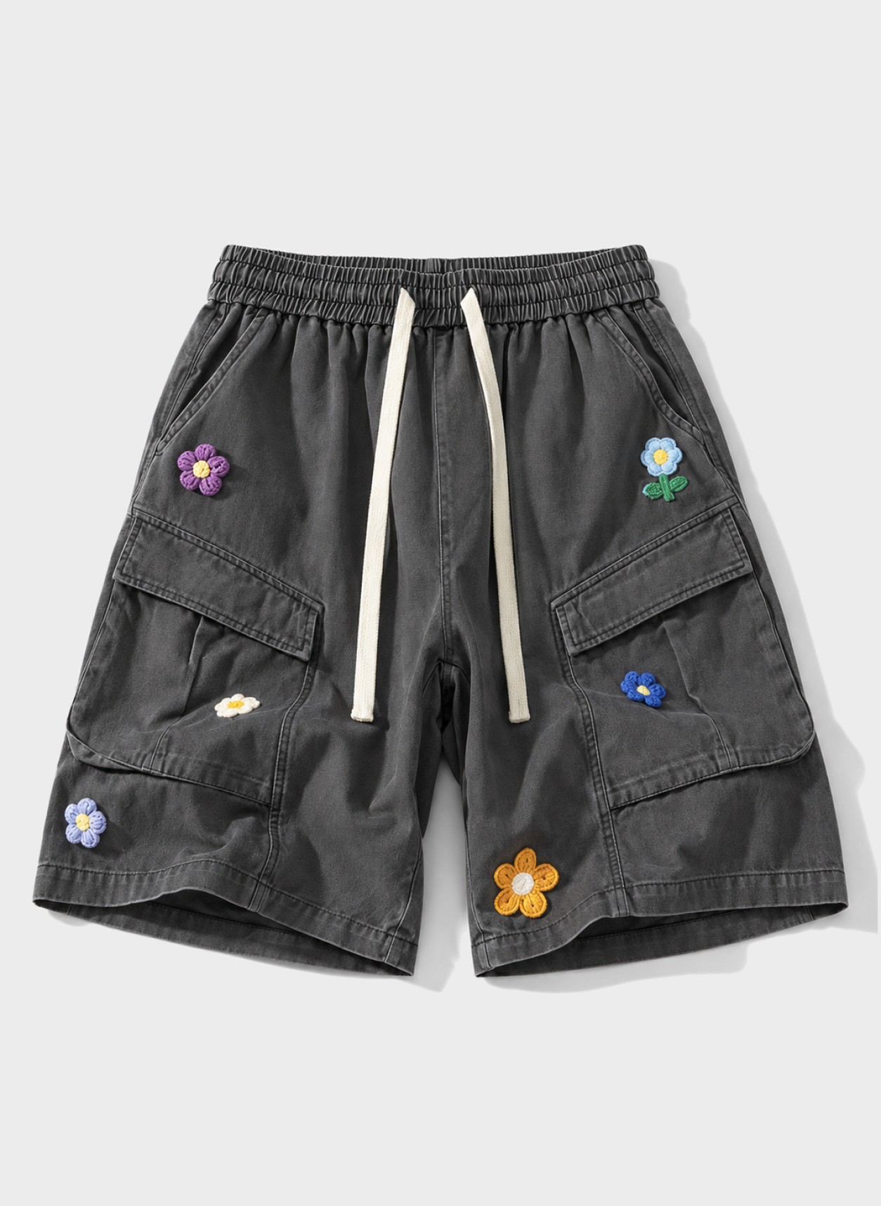 Embroidered Cotton Workwear Shorts in dark grey, flat product view