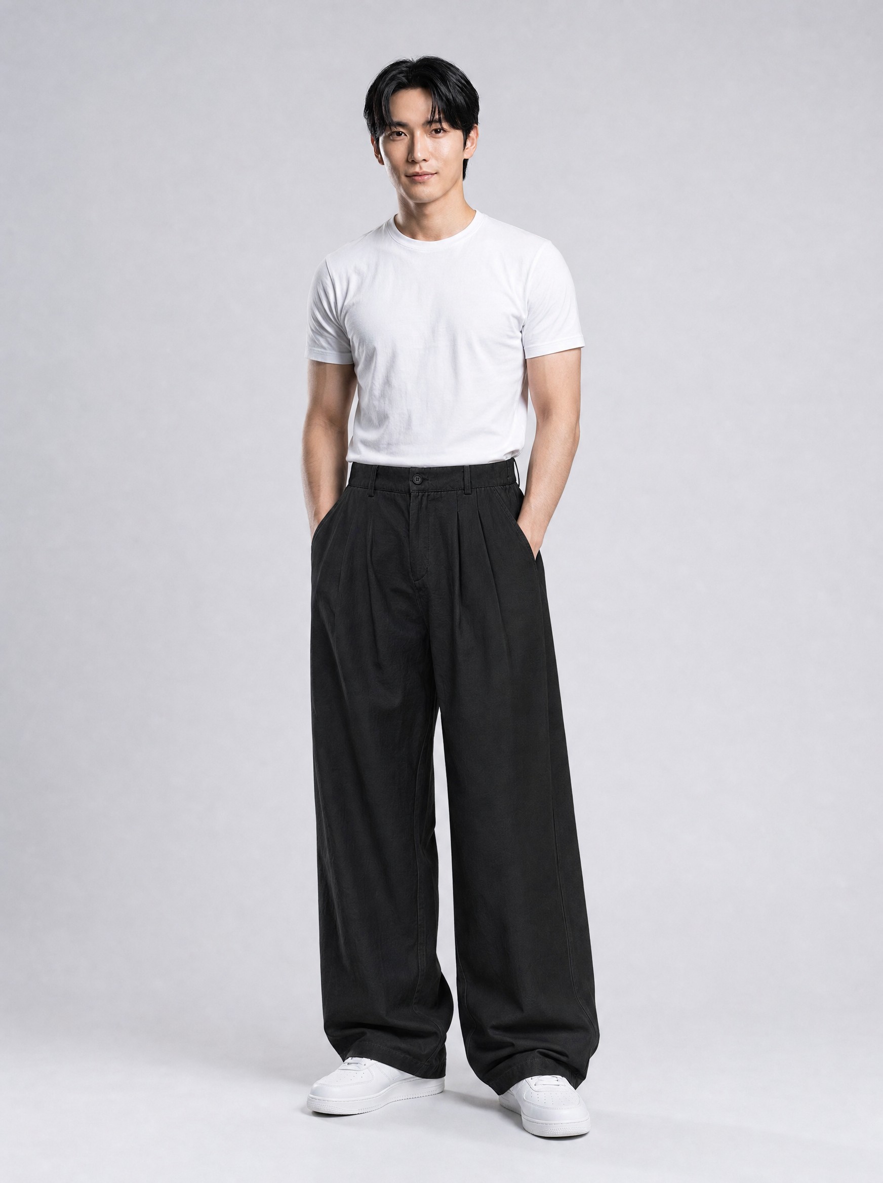 Pleated Straight-Leg Trousers in black, AI-rendered on the house model from the product photo