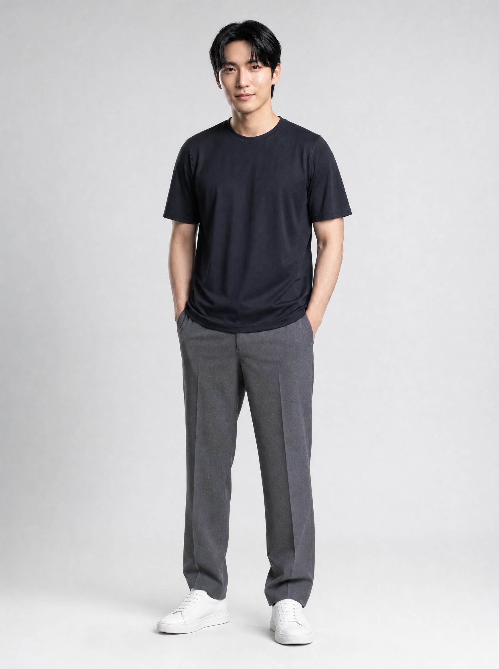 Silky Cotton-Modal Tee in navy, AI-rendered on the house model from the product photo