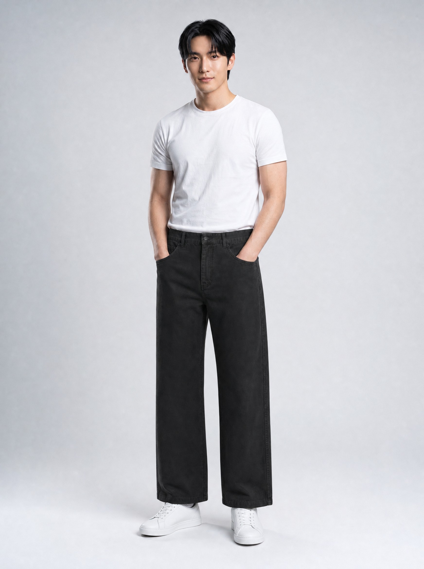 Cropped Straight Cotton Trousers in black, AI-rendered on the house model from the product photo