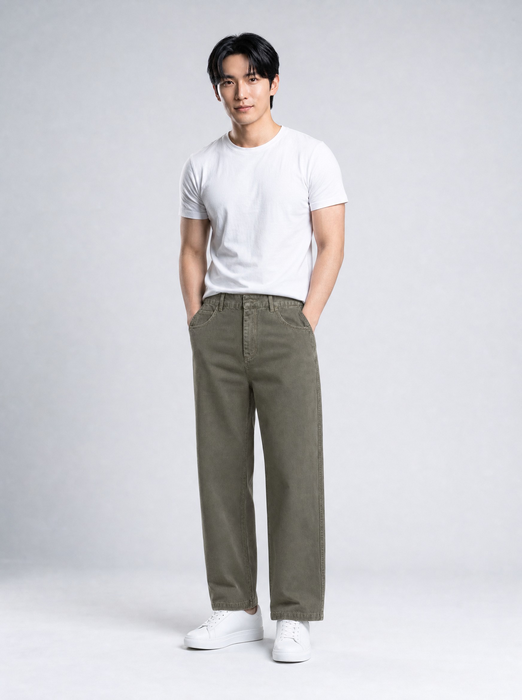 Cropped Straight Cotton Trousers in grey green, AI-rendered on the house model from the product photo