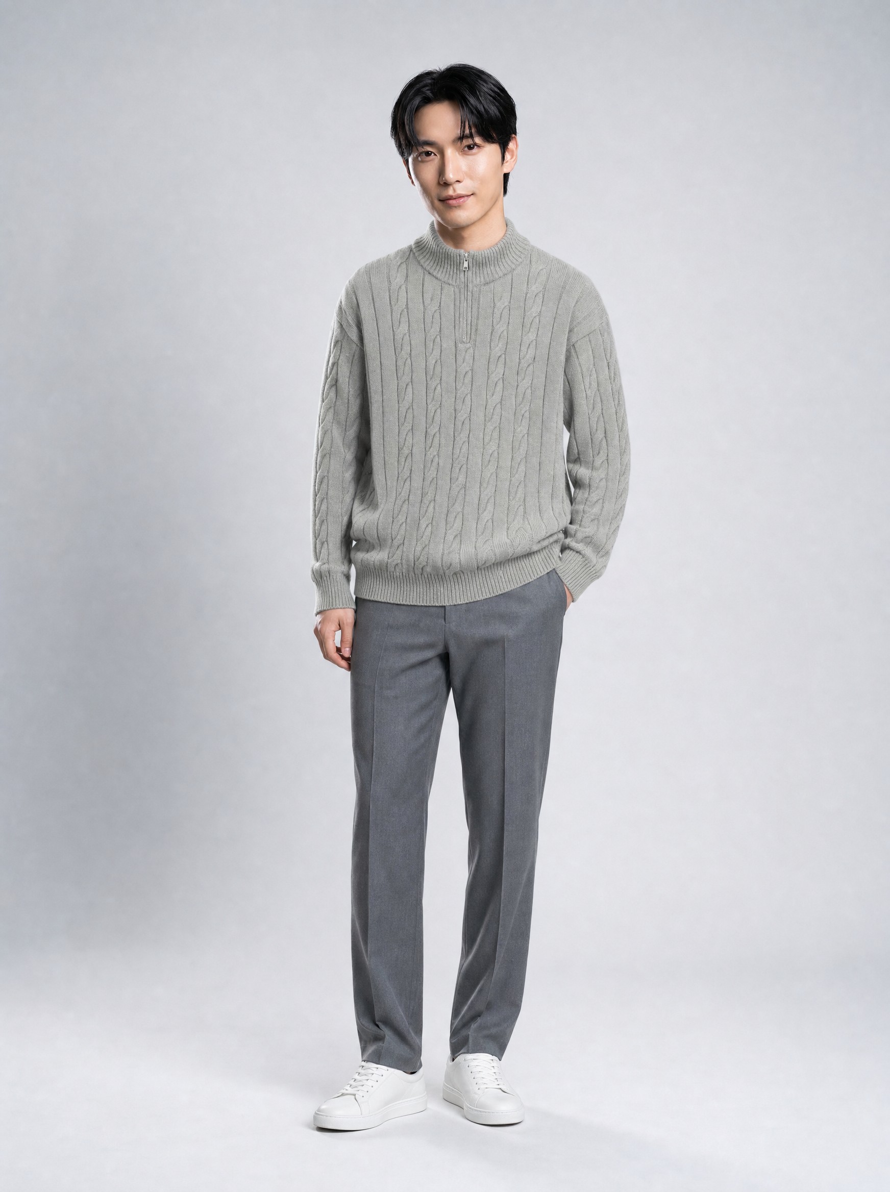 Garment in heather grey, AI-rendered on the house model from the product photo
