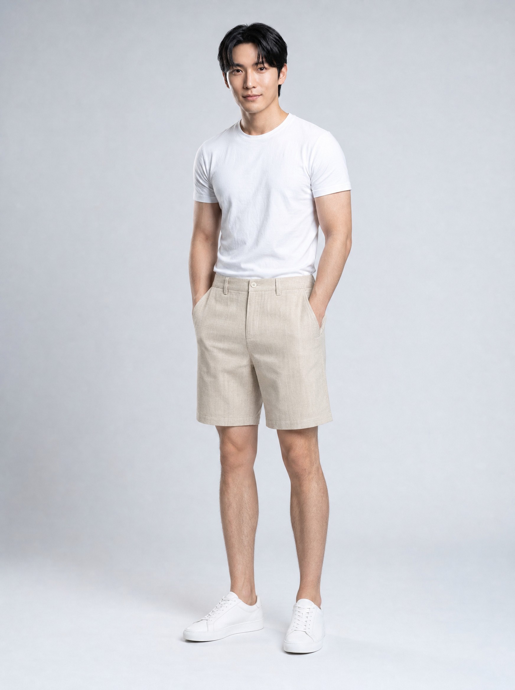 Garment in apricot, AI-rendered on the house model from the product photo