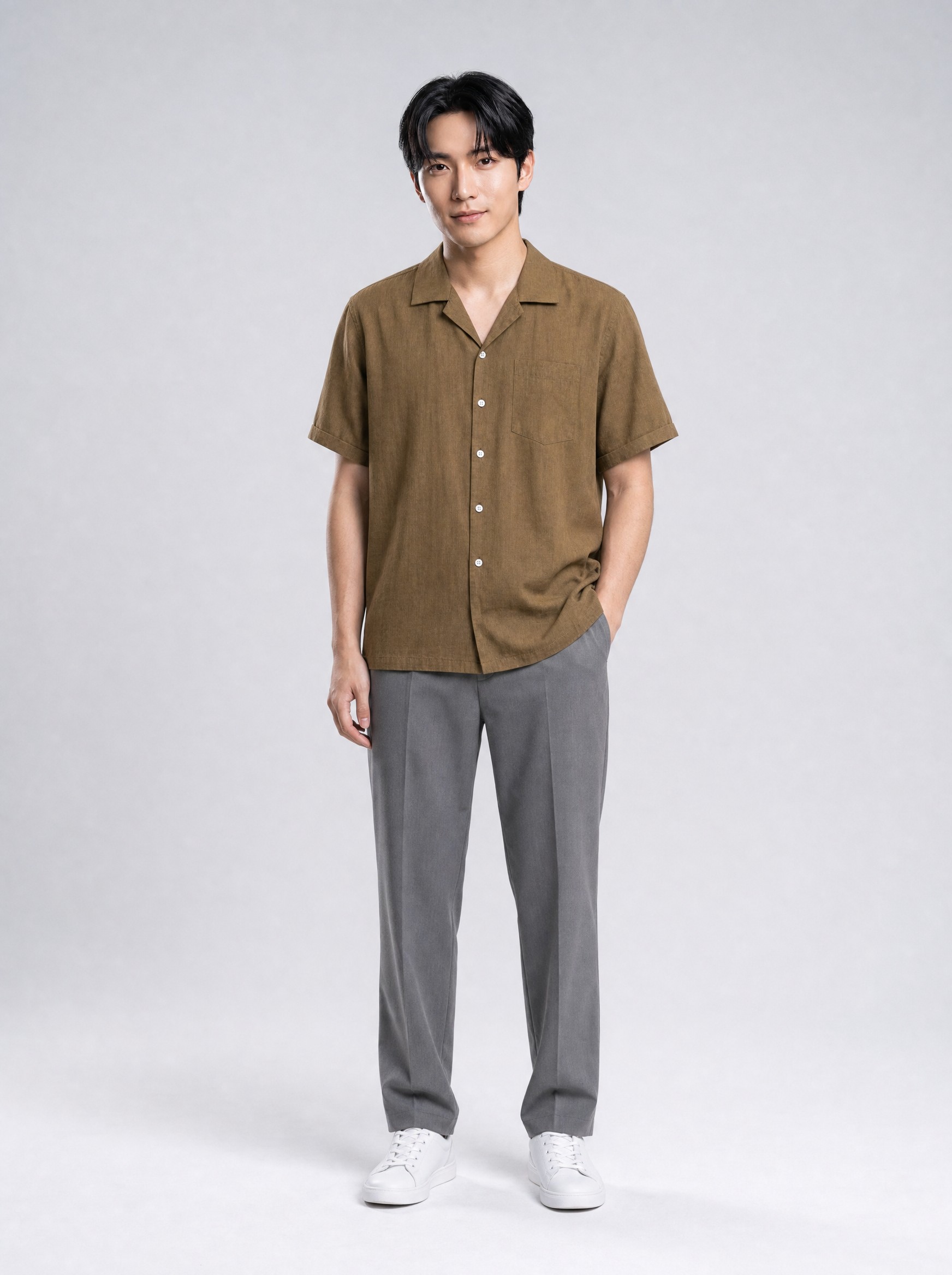 Garment in mocha, AI-rendered on the house model from the product photo