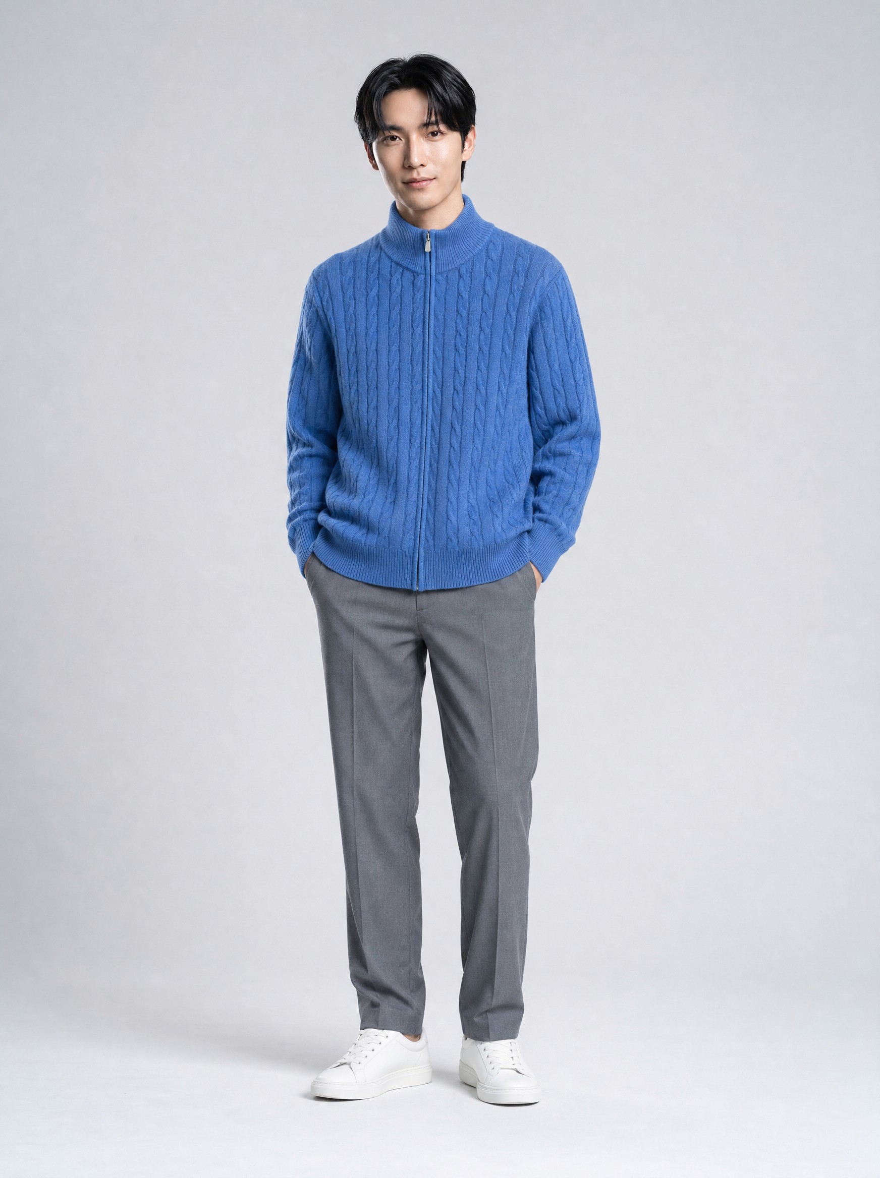 Zip-Front Knit Cardigan in blue, AI-rendered on the house model from the product photo