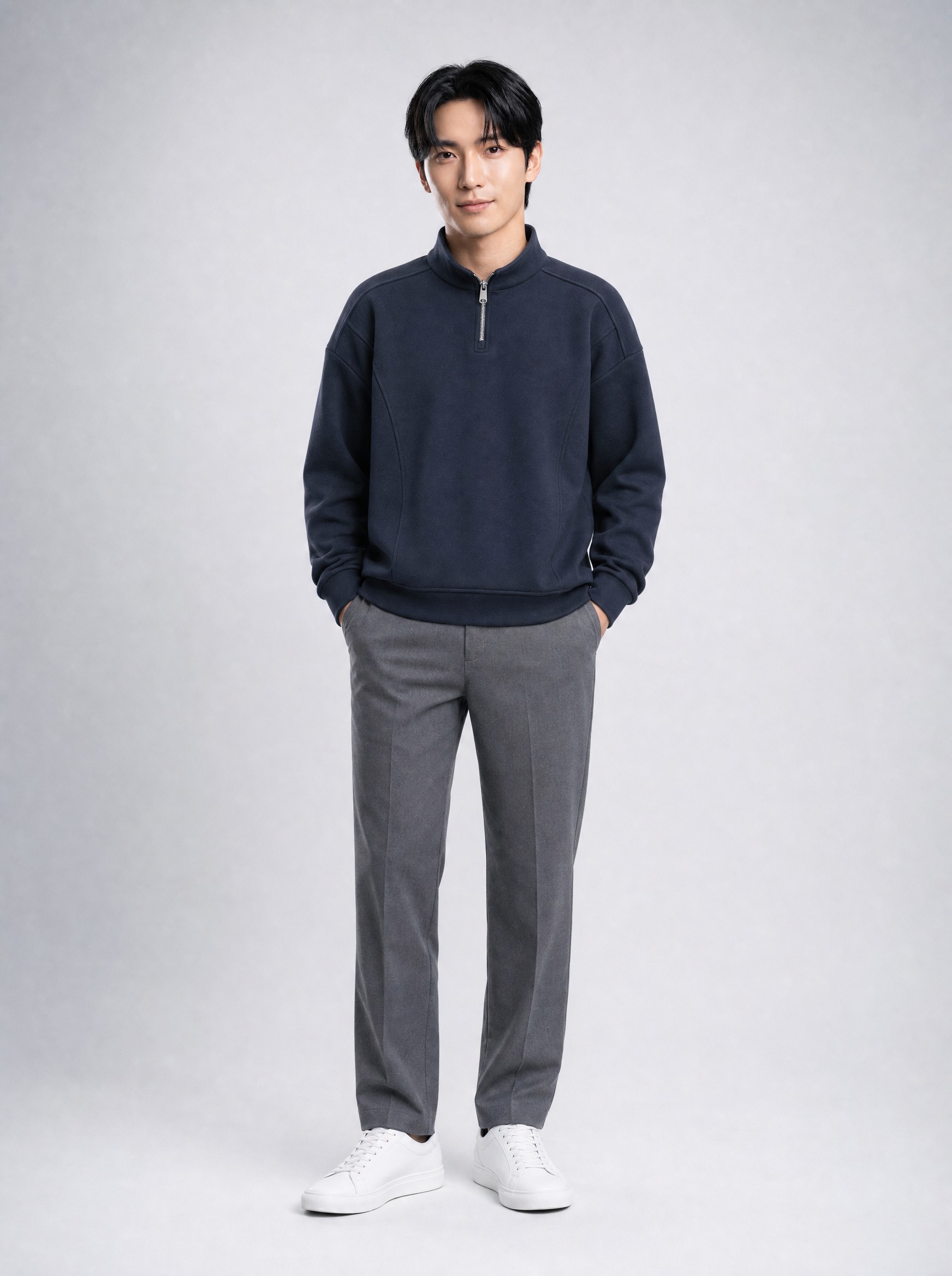 Half-Zip Stand Collar Knit in navy, AI-rendered on the house model from the product photo