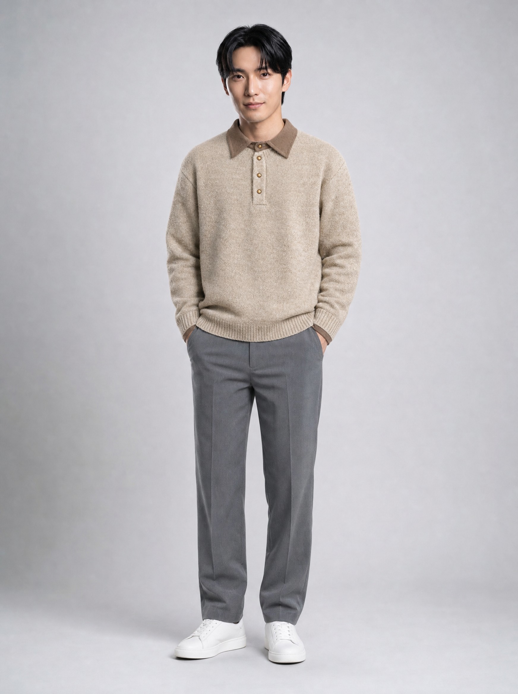 Shirt-Collar Layered Sweater in oatmeal, AI-rendered on the house model from the product photo
