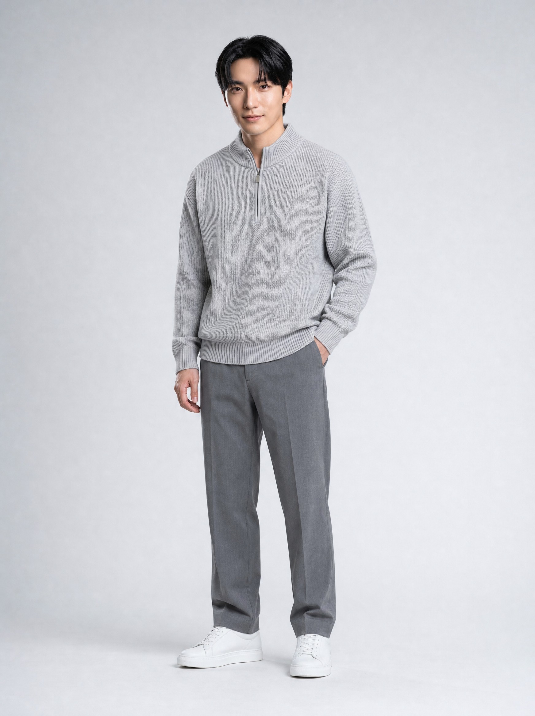 Waffle-Knit Half-Zip Sweater in light grey, AI-rendered on the house model from the product photo