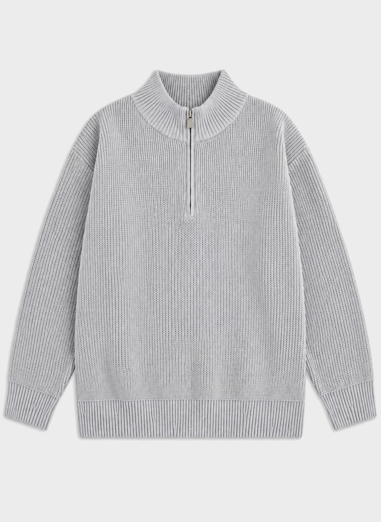 Waffle-Knit Half-Zip Sweater in light grey, flat product view