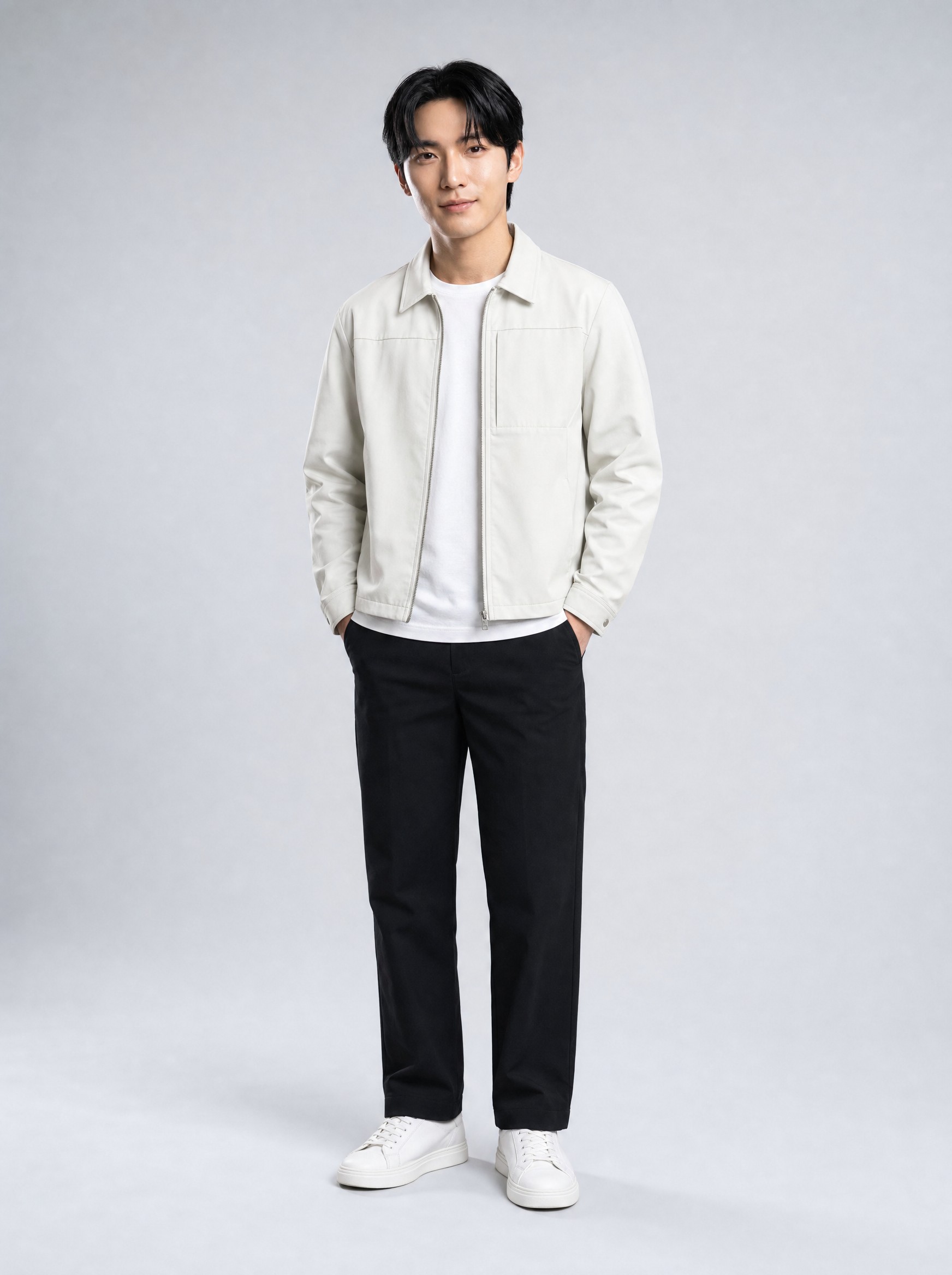 Cropped Boxy Collar Jacket in off-white, AI-rendered on the house model from the product photo