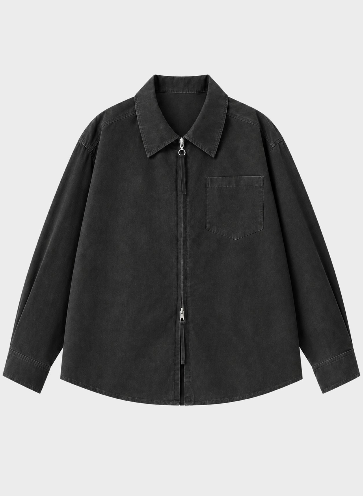 Washed Cotton Zip Shirt Jacket in black, flat product view