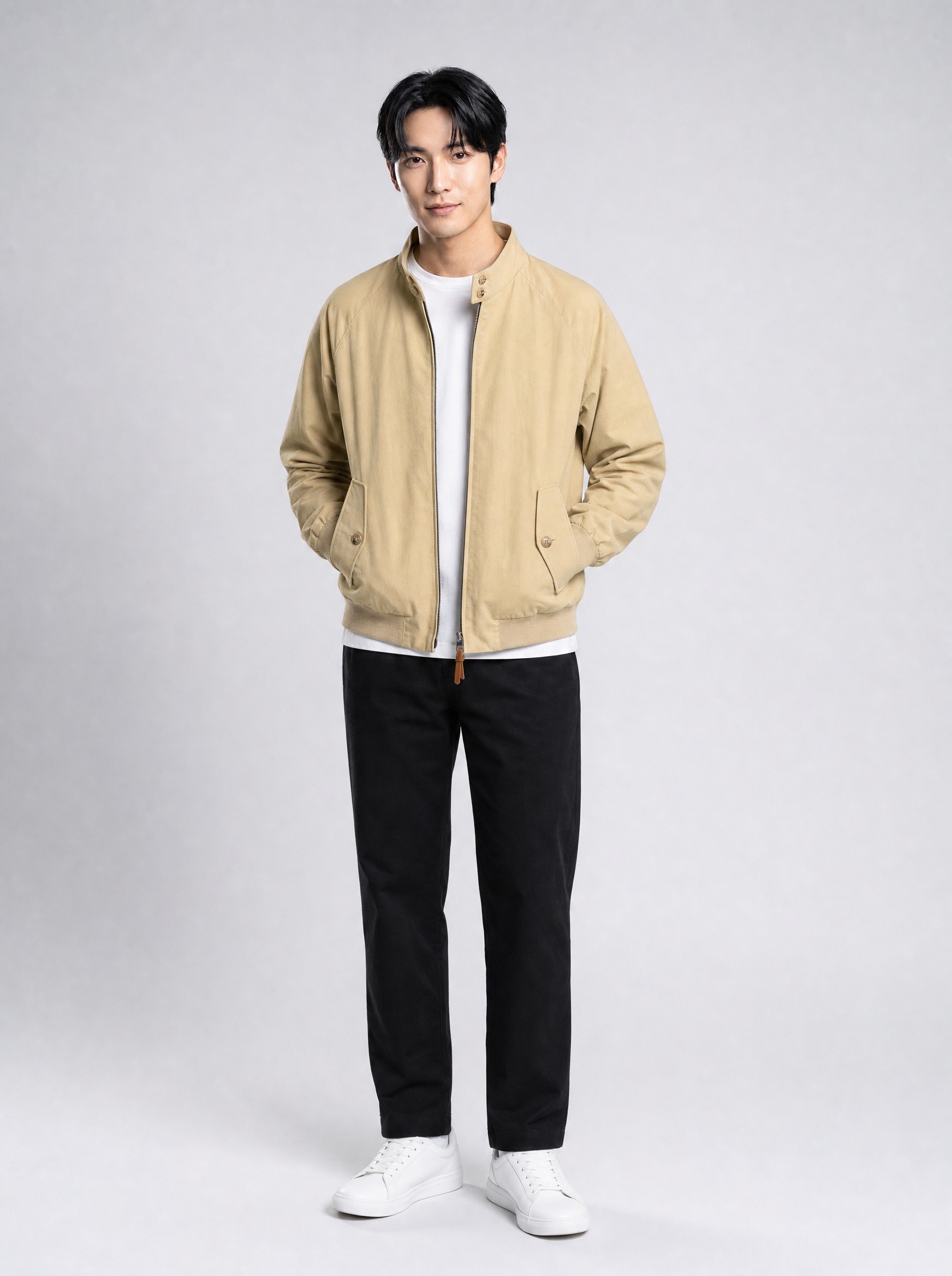 Garment in khaki, AI-rendered on the house model from the product photo