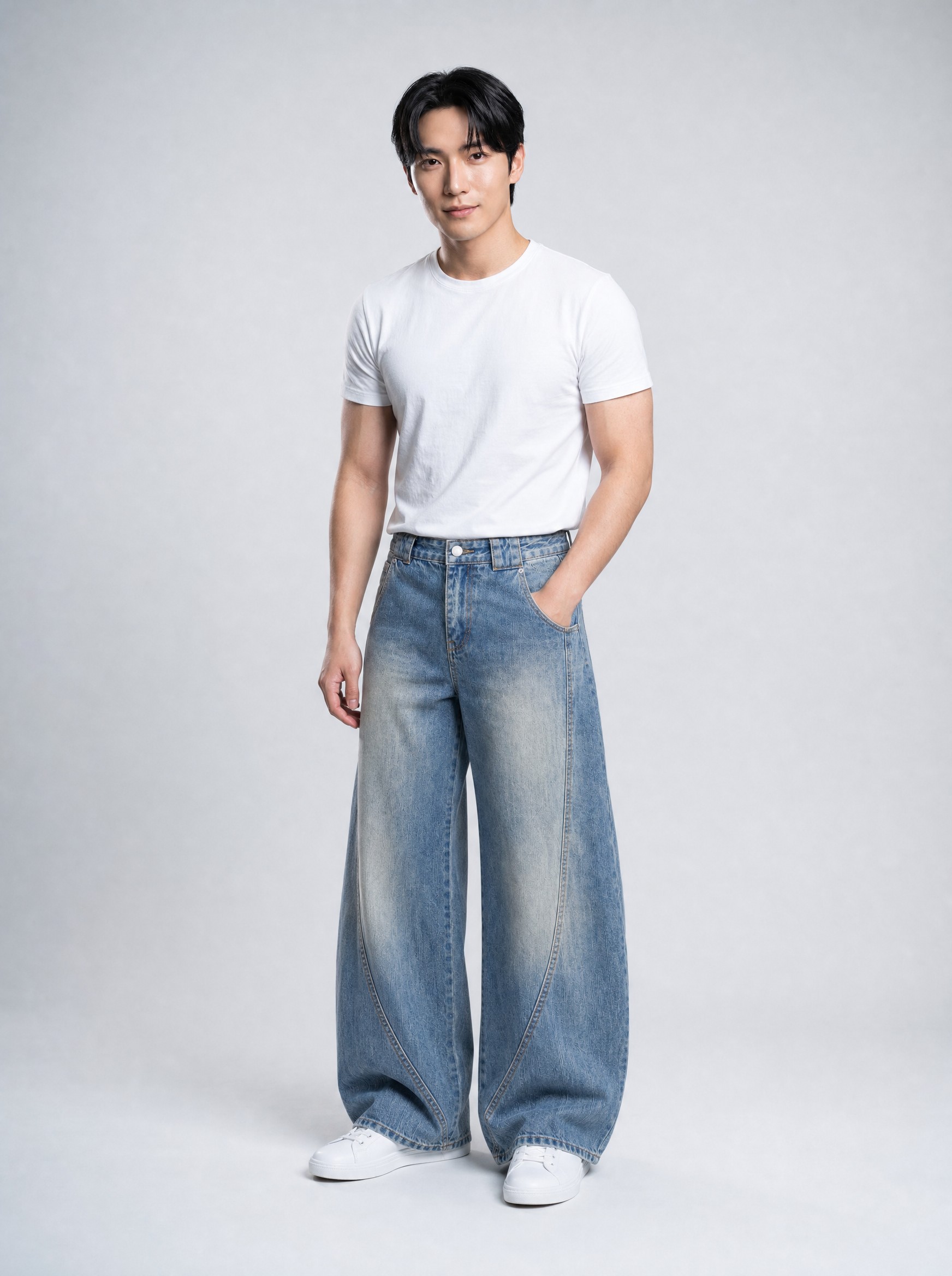 Washed Curved-Leg Jeans in navy, AI-rendered on the house model from the product photo