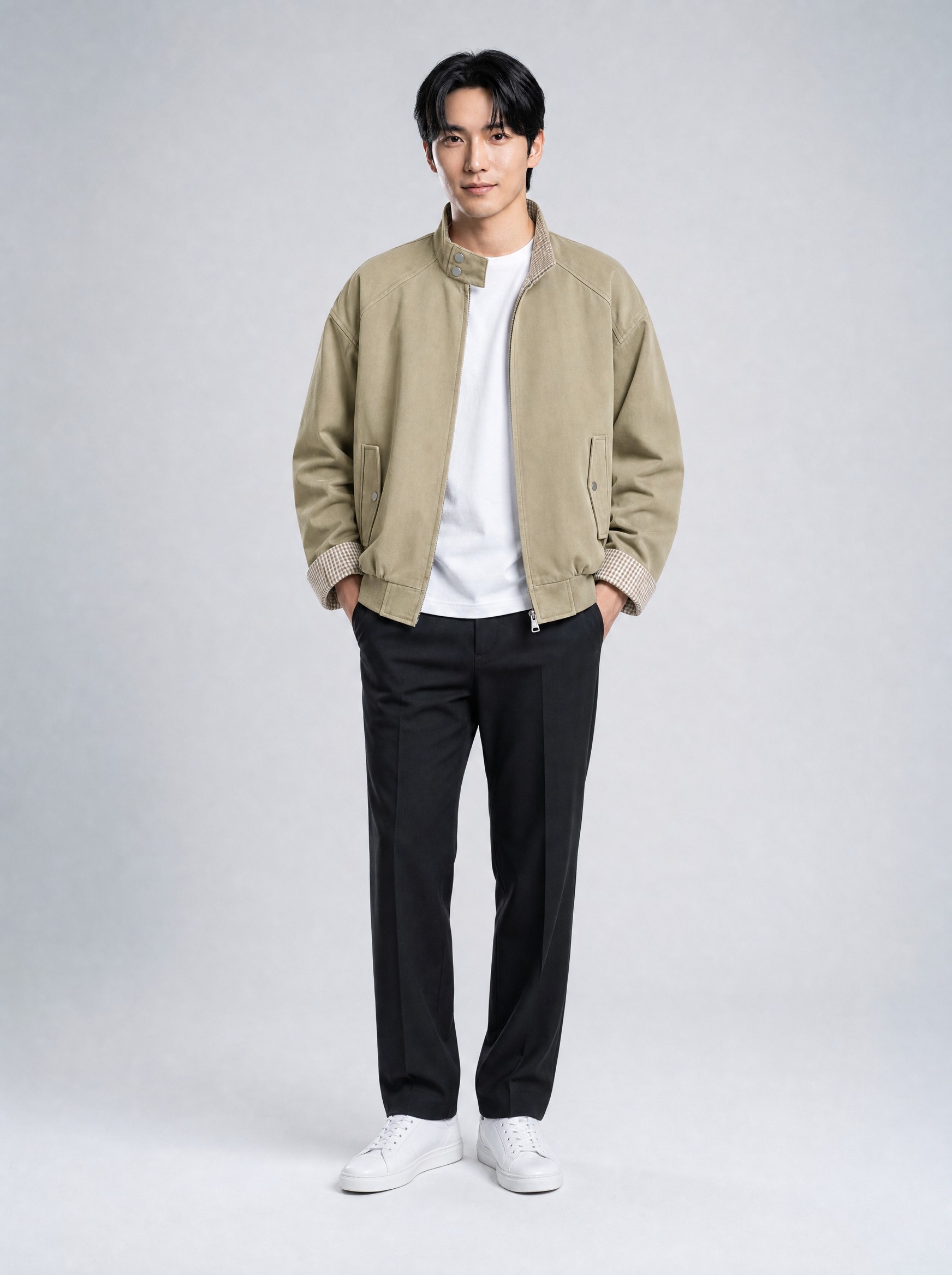 Check-Lined Harrington Jacket in khaki, AI-rendered on the house model from the product photo