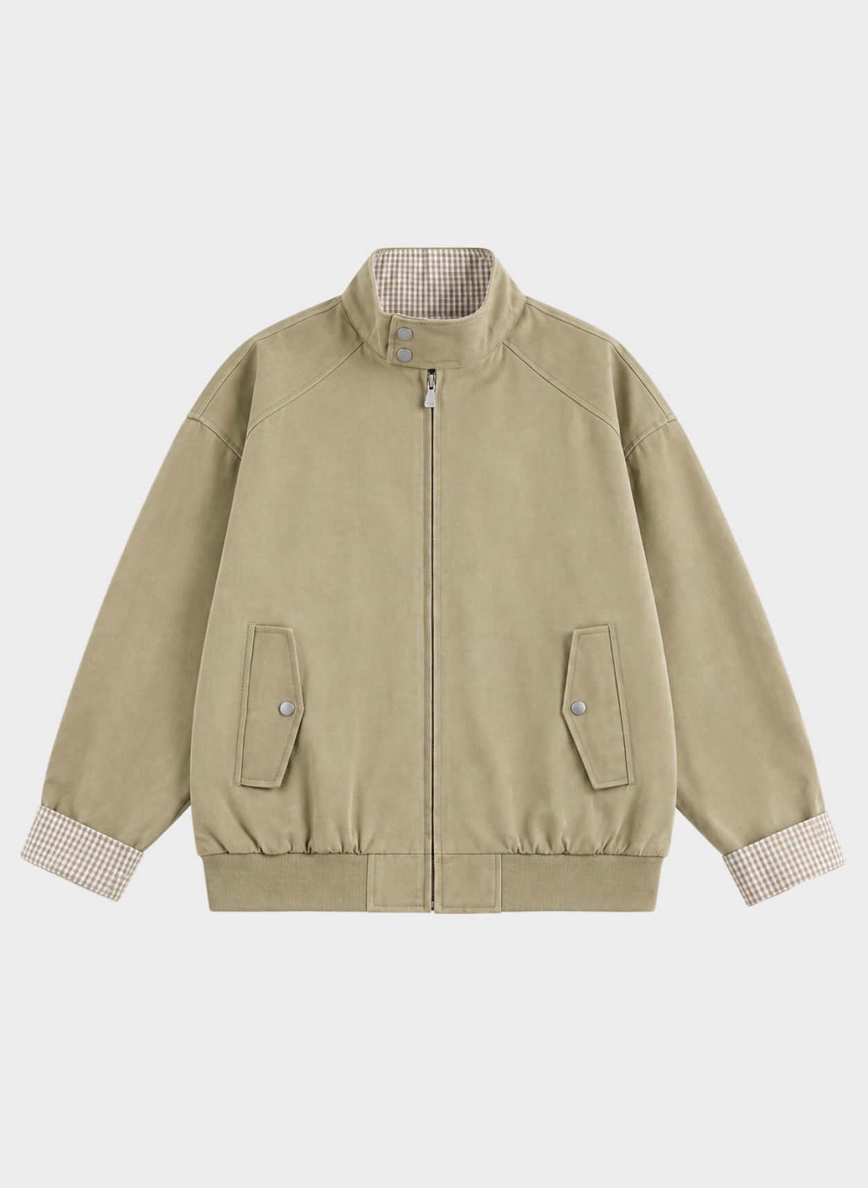 Check-Lined Harrington Jacket in khaki, flat product view