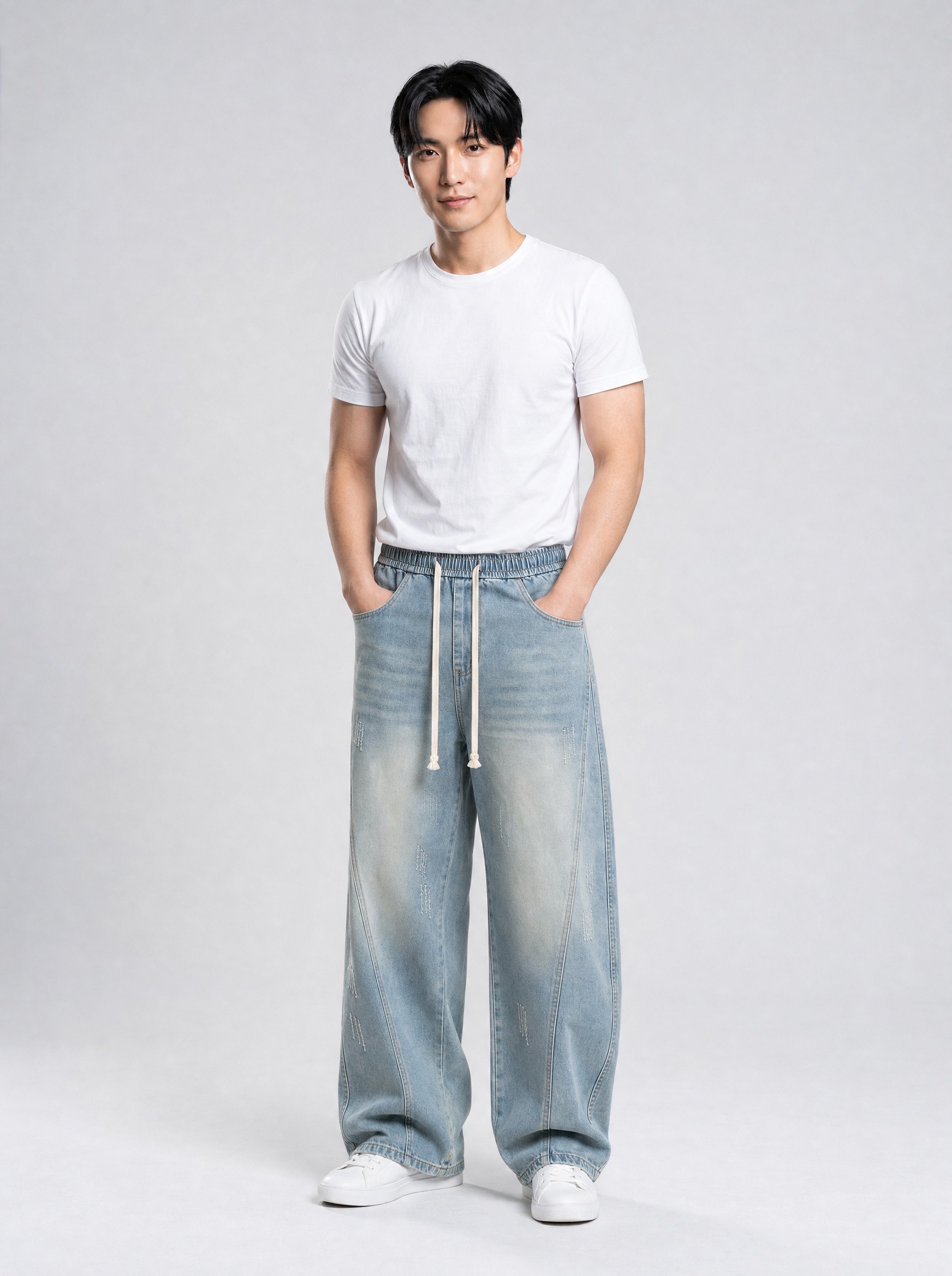 Washed Wide-Leg Jeans in blue, AI-rendered on the house model from the product photo