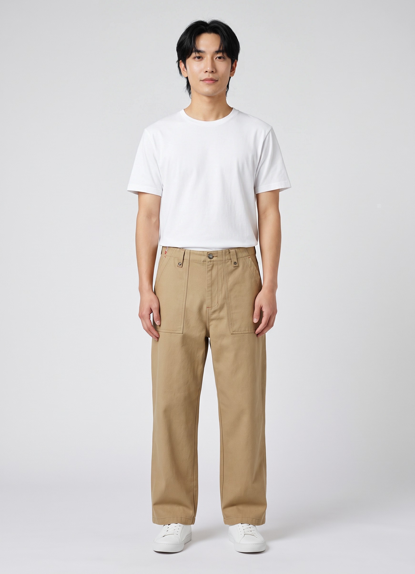 Canvas Workwear Trousers in khaki, AI-rendered on the house model from the product photo