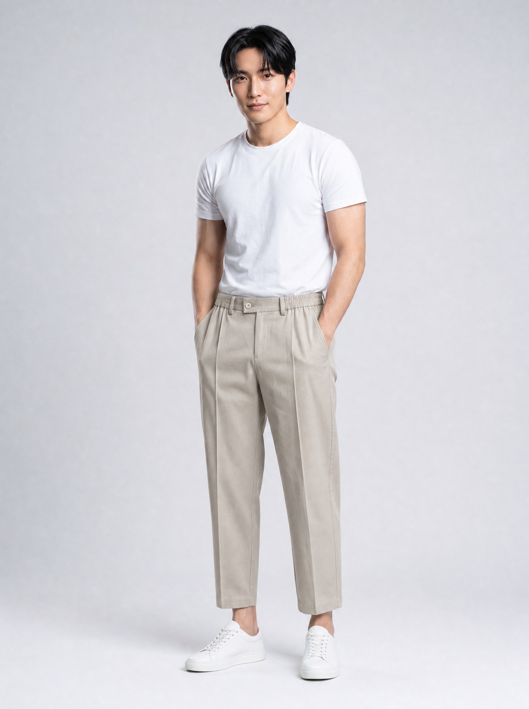 Tapered Cropped Trousers in yellow, AI-rendered on the house model from the product photo