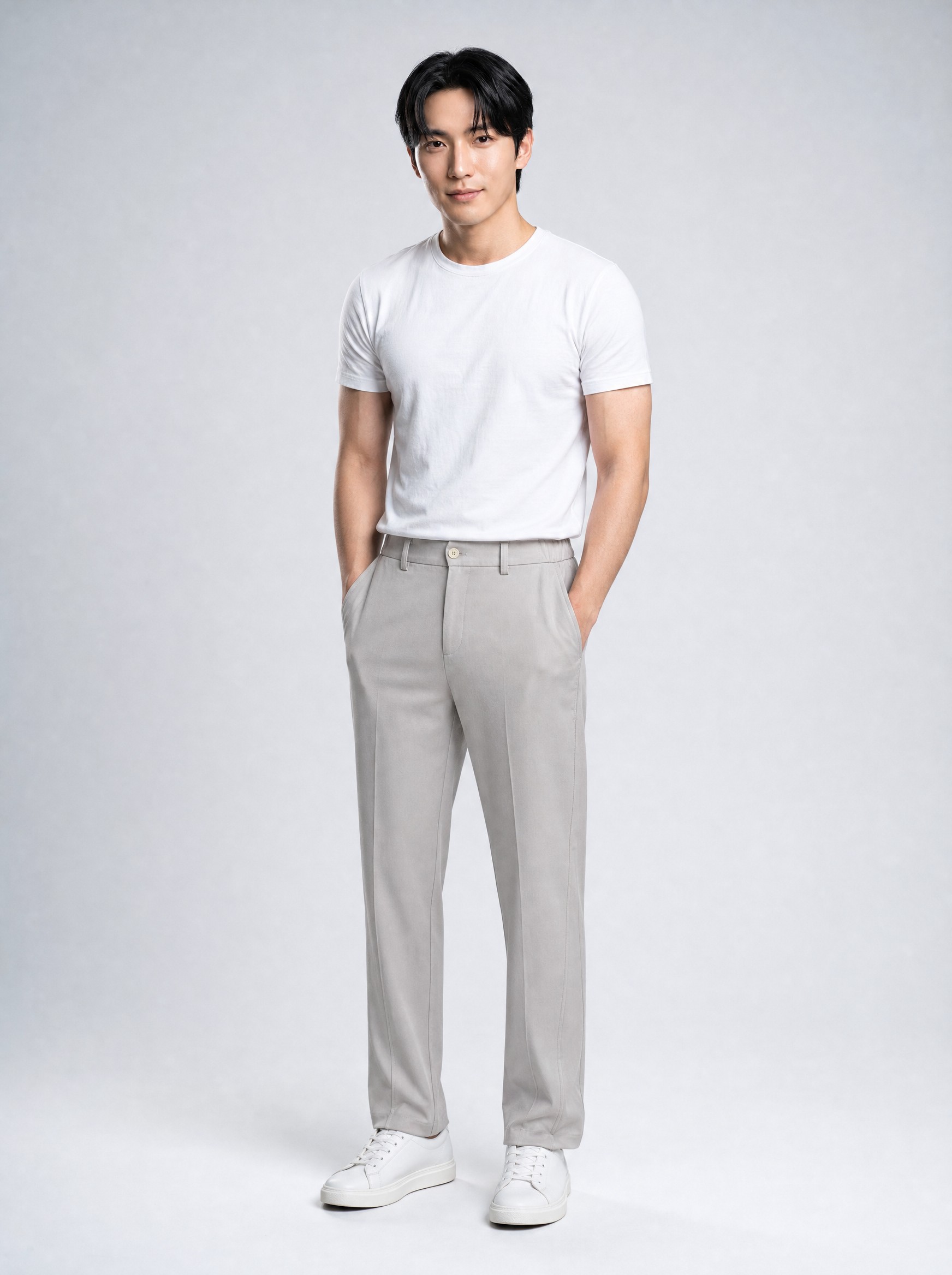 Panelled Straight-Leg Trousers in off-white, AI-rendered on the house model from the product photo