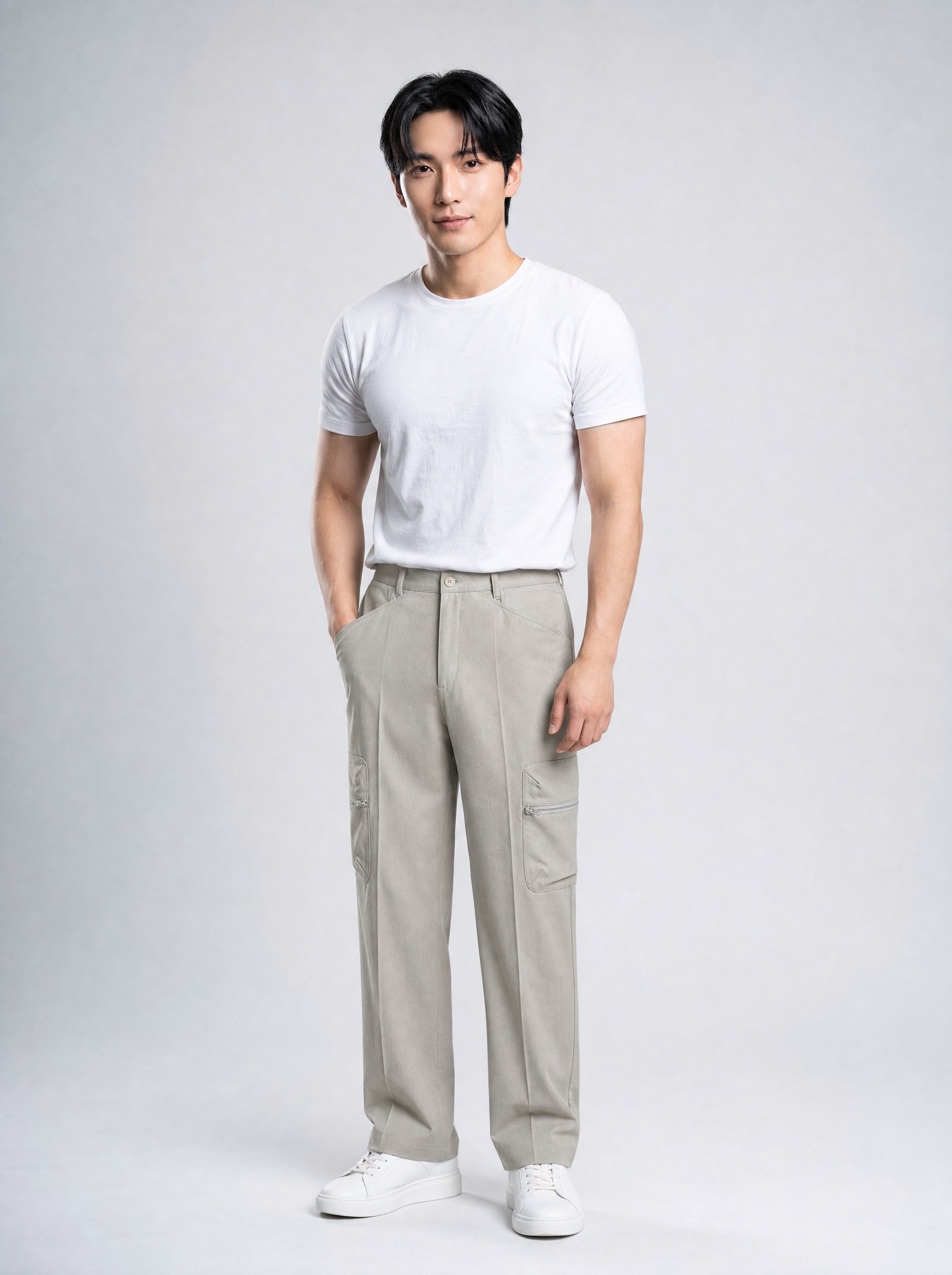 Wool-Blend Straight Cargo Trousers in white, AI-rendered on the house model from the product photo
