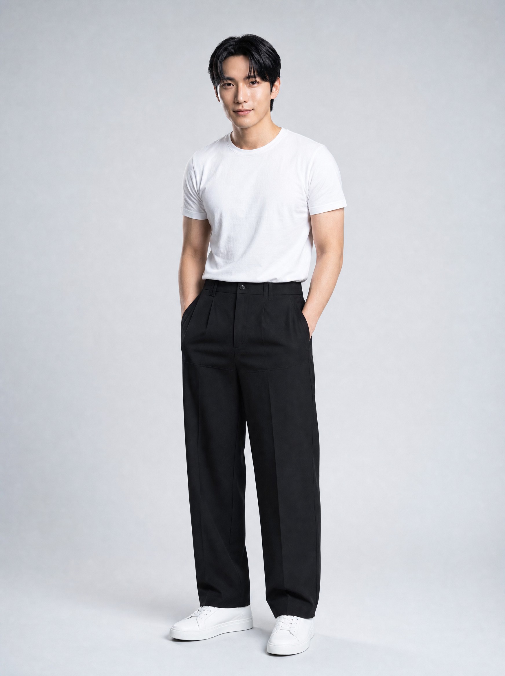 Textured Straight-Leg Trousers in black, AI-rendered on the house model from the product photo