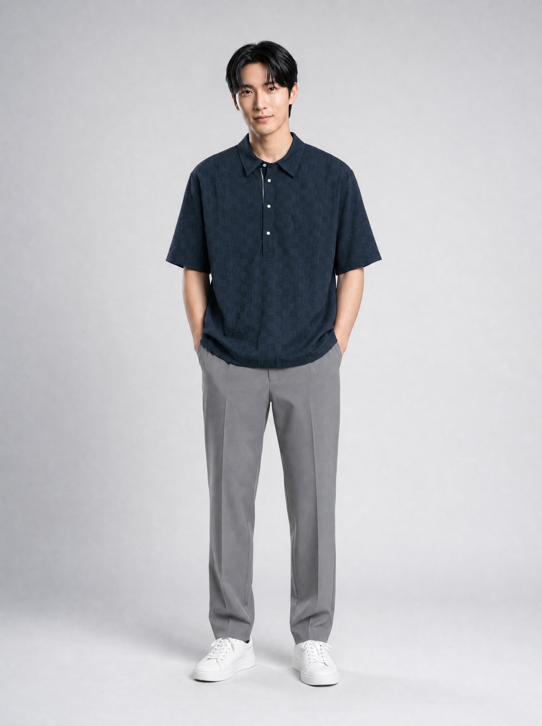 Tonal Check Seersucker Shirt in blue, AI-rendered on the house model from the product photo