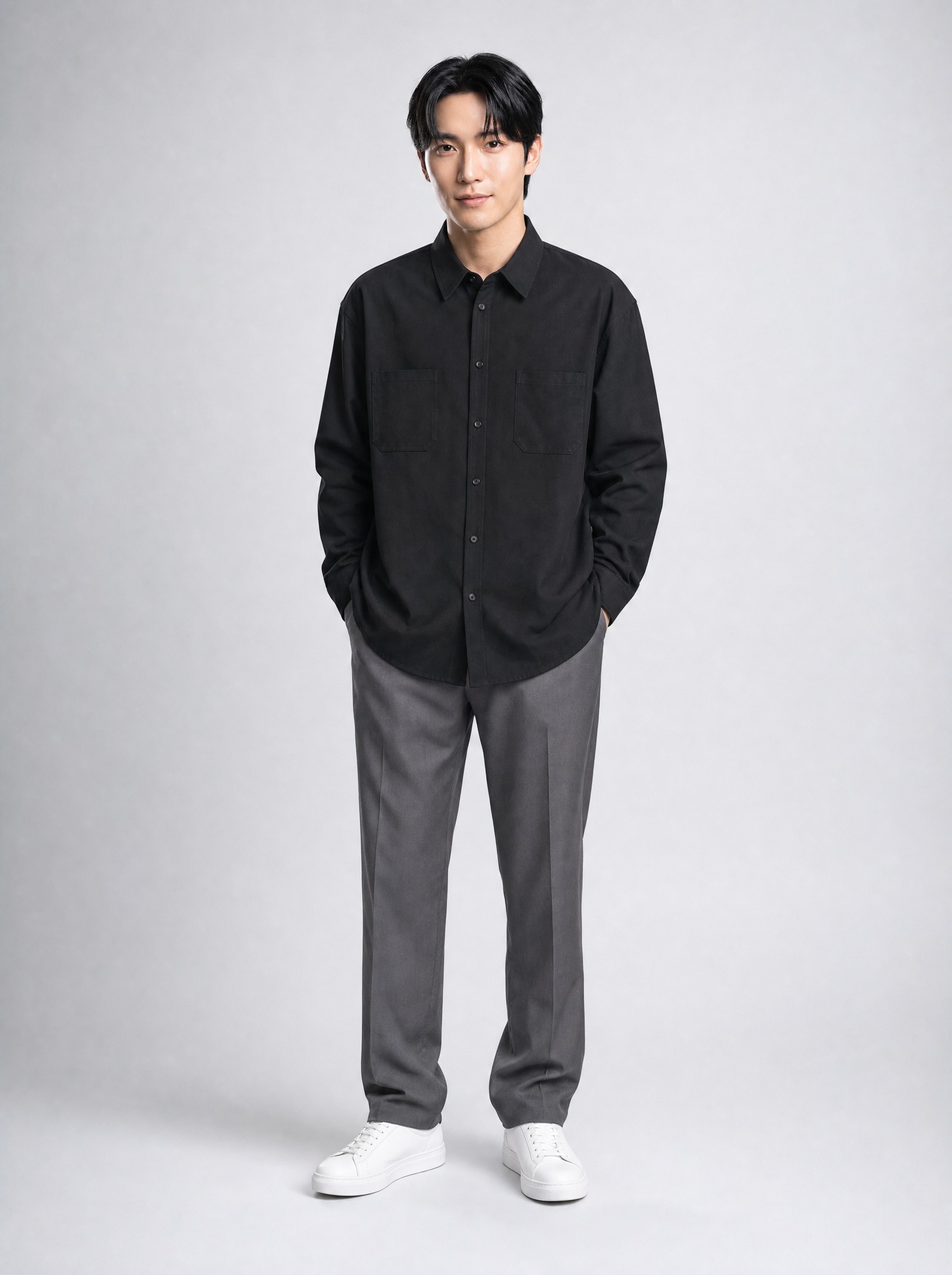 Dropped-Shoulder Cotton Shirt in black, AI-rendered on the house model from the product photo