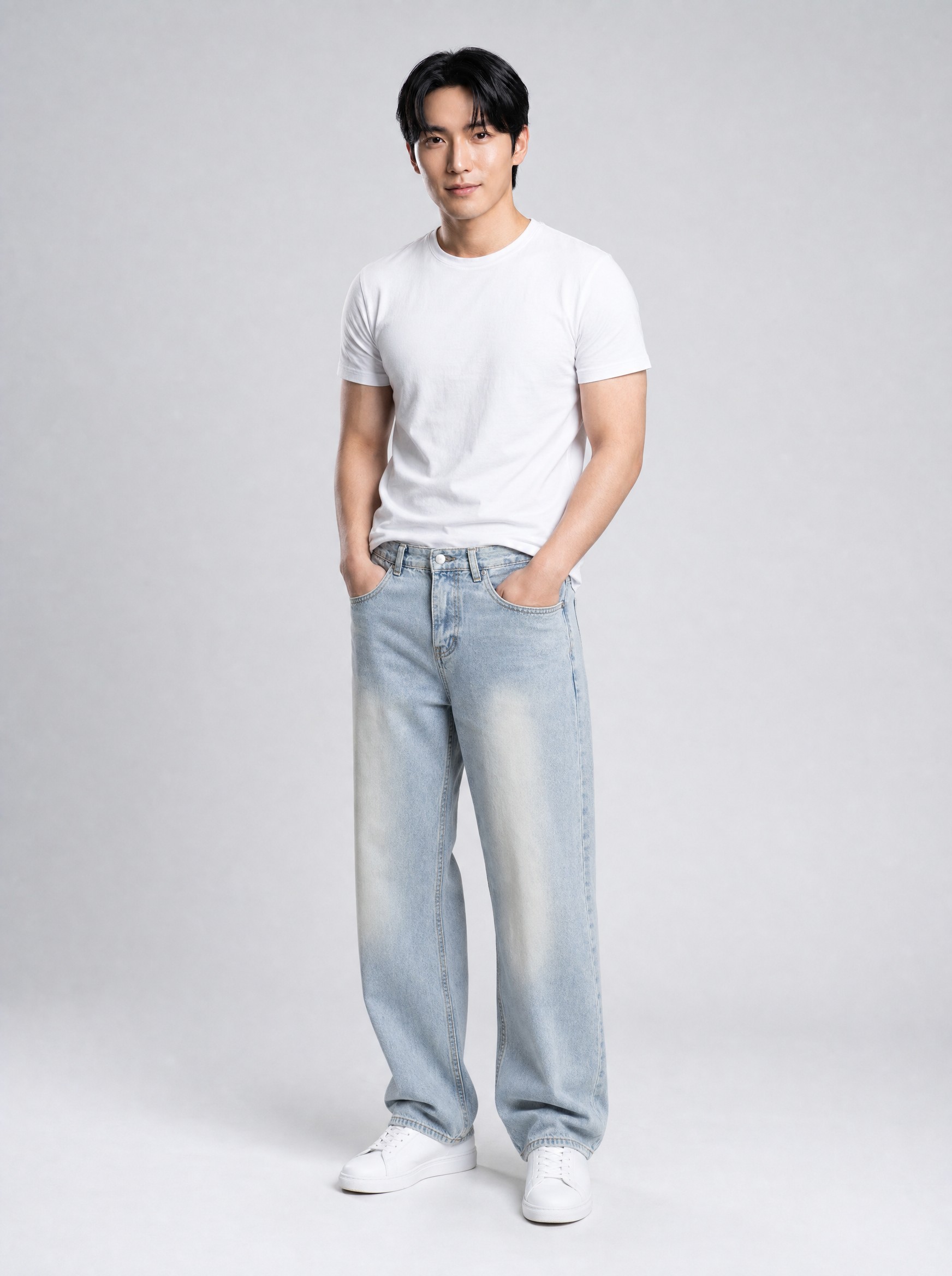 Washed Straight-Leg Jeans in light blue, AI-rendered on the house model from the product photo