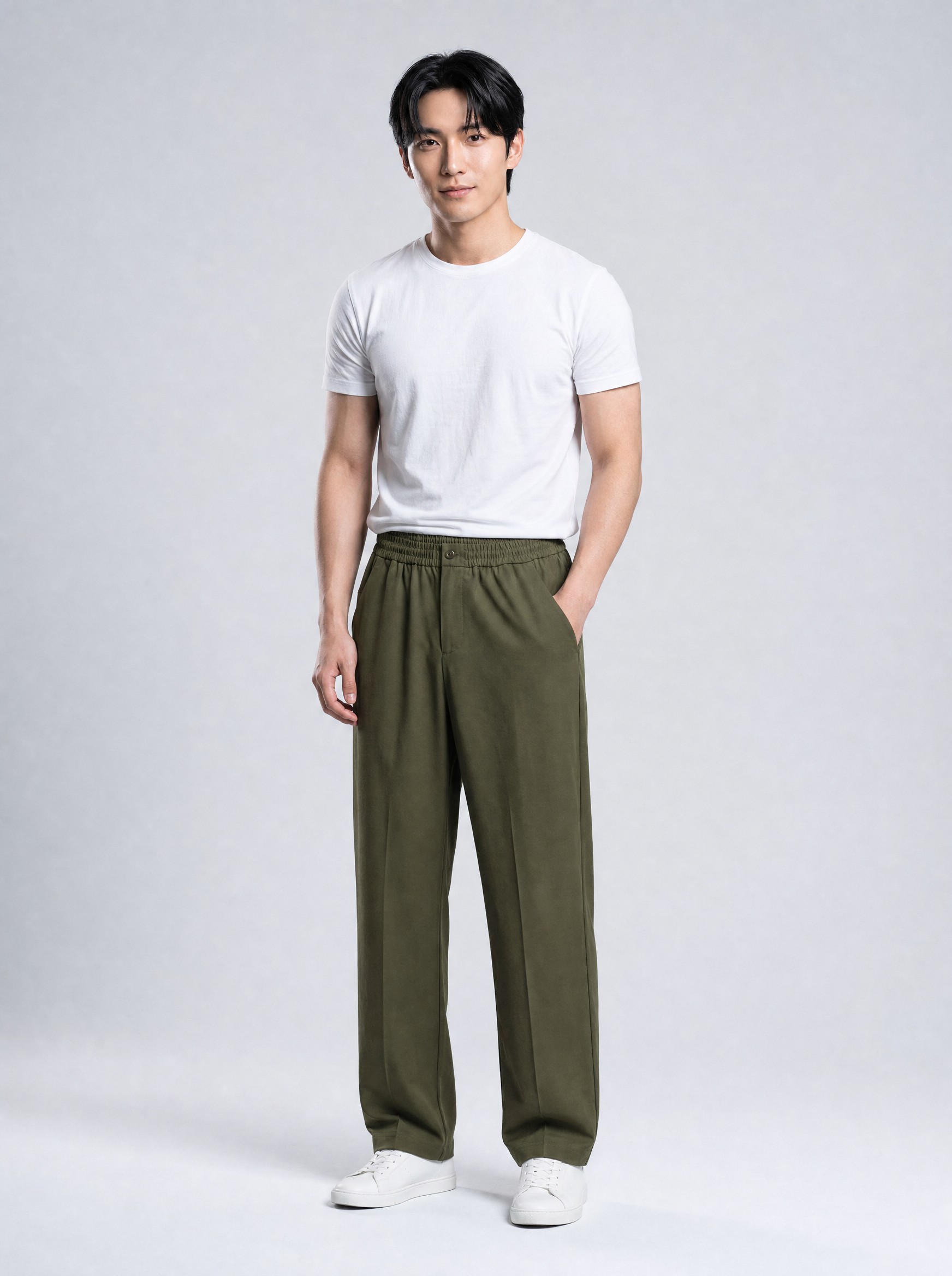 Drawstring Straight-Leg Trousers in olive, AI-rendered on the house model from the product photo