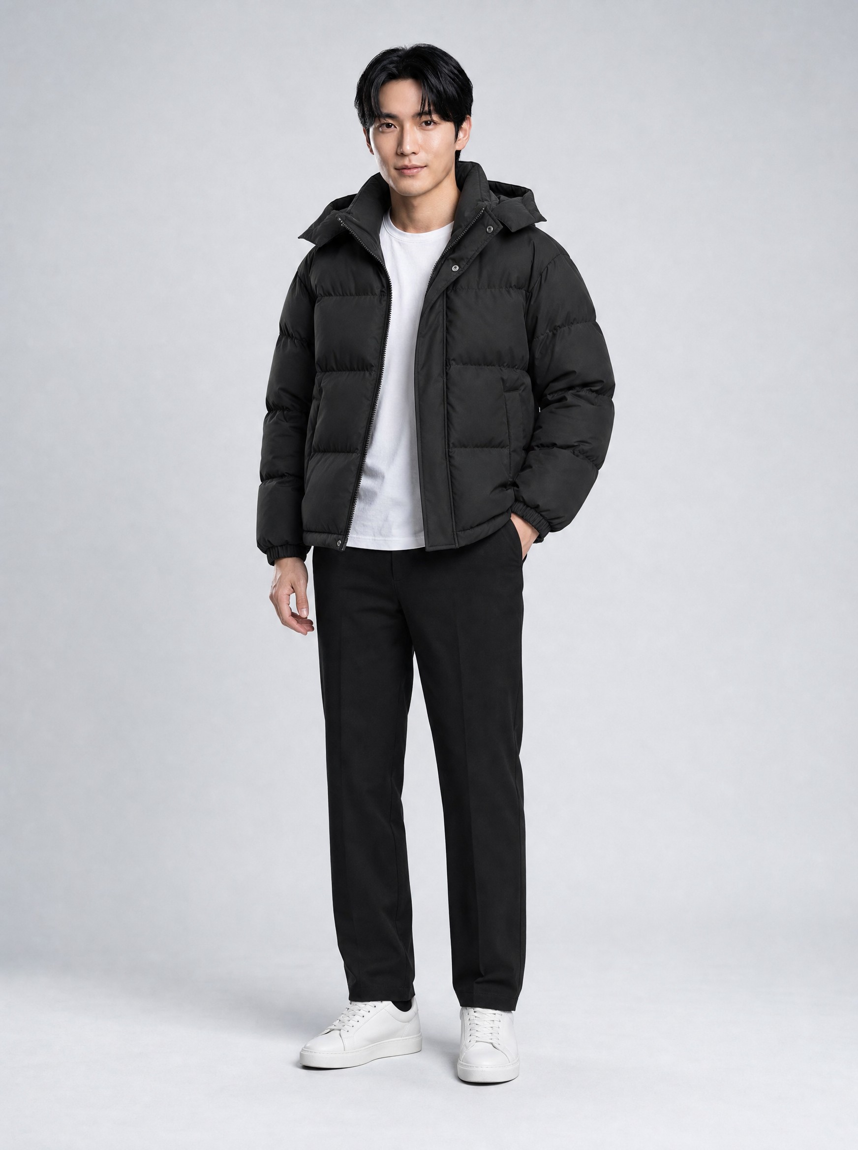 Hooded Short Down Puffer, 90% Down in black, AI-rendered on the house model from the product photo