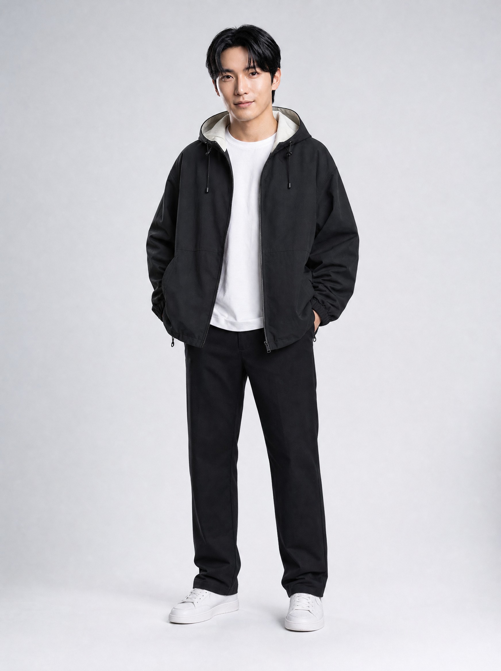 Hooded Dropped-Shoulder Windbreaker in black, AI-rendered on the house model from the product photo