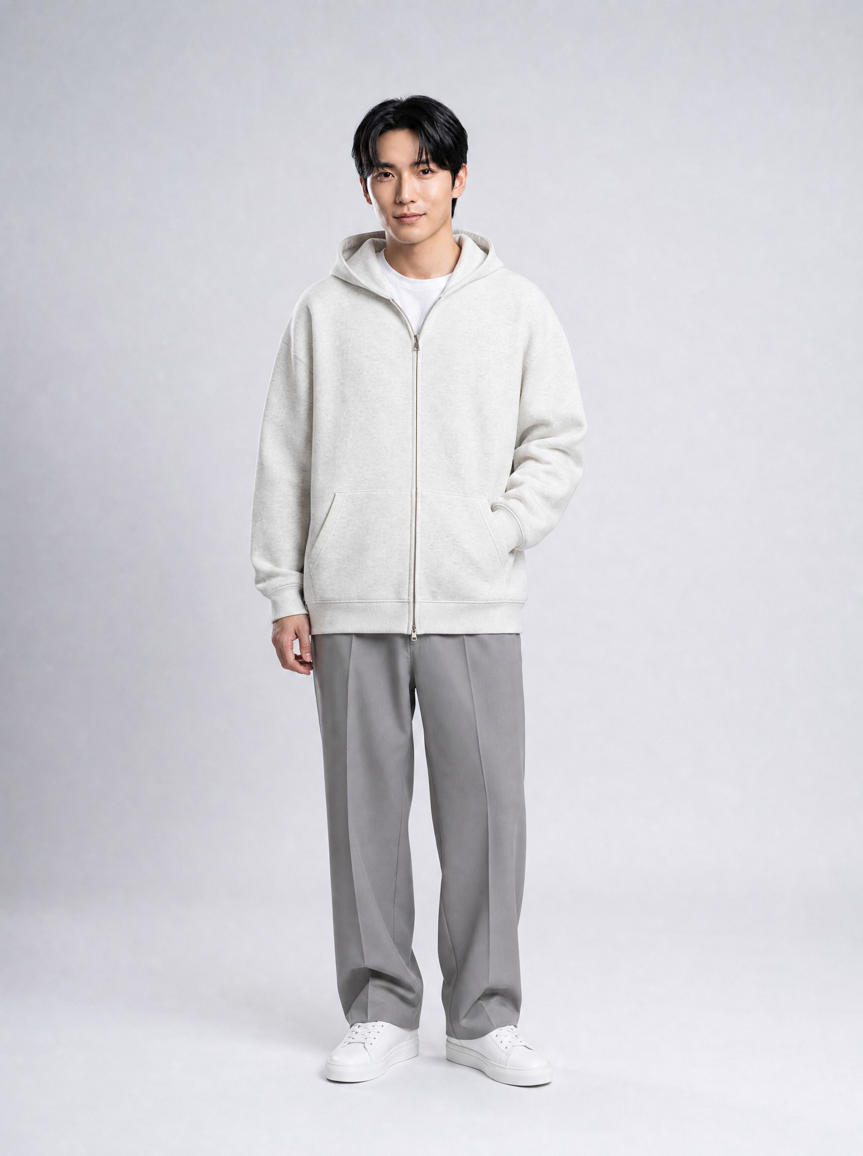 Hooded Zip Knit Cardigan in heather grey, AI-rendered on the house model from the product photo