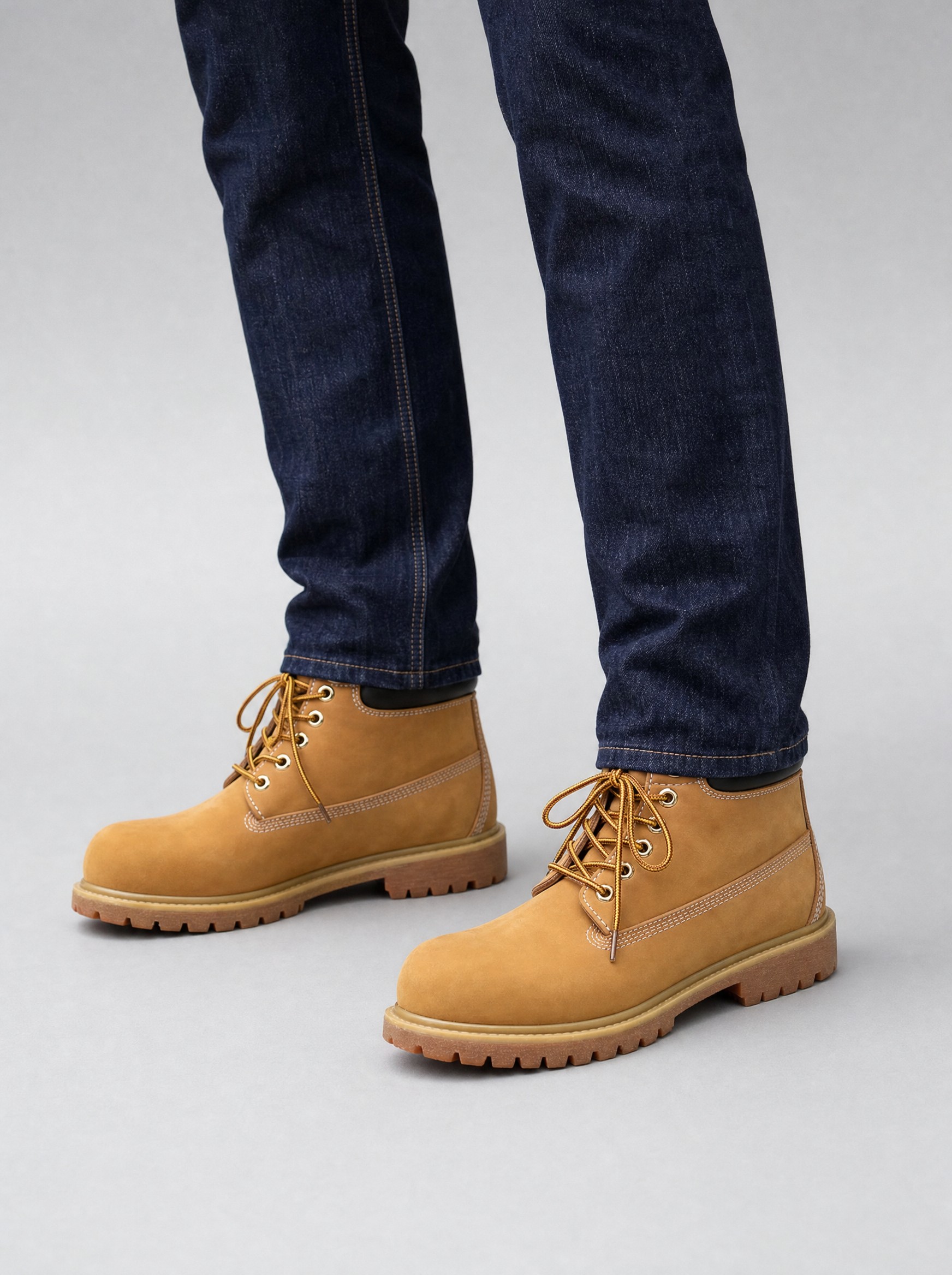 Wheat Nubuck Work Boot in wheat, AI-rendered on the house model from the product photo