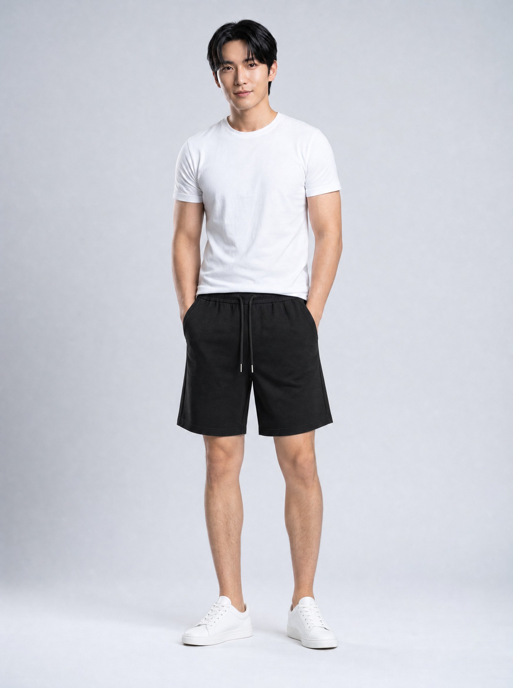 Garment in black, AI-rendered on the house model from the product photo