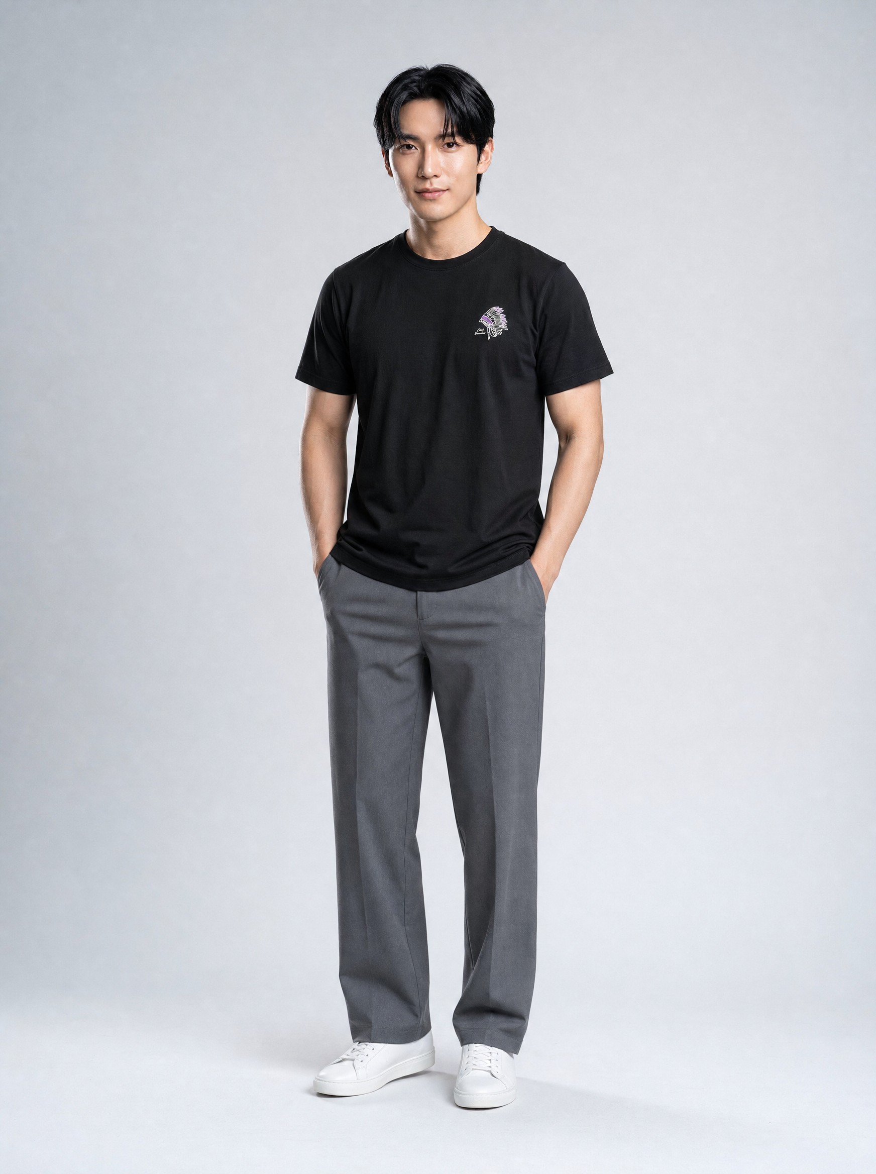 Retro Print Cotton Tee in black, AI-rendered on the house model from the product photo