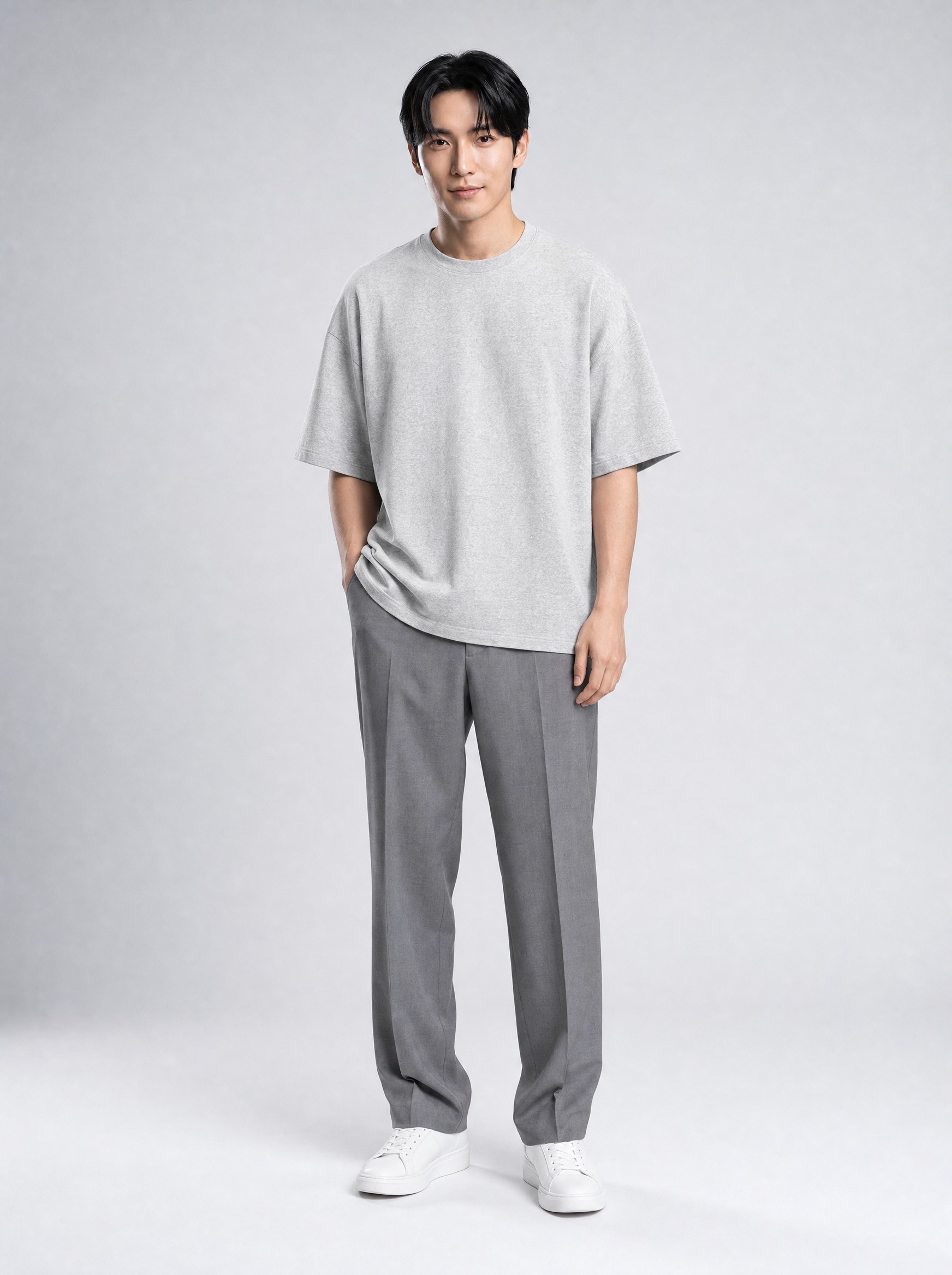 Ribbed Crew Tee in heather grey, AI-rendered on the house model from the product photo