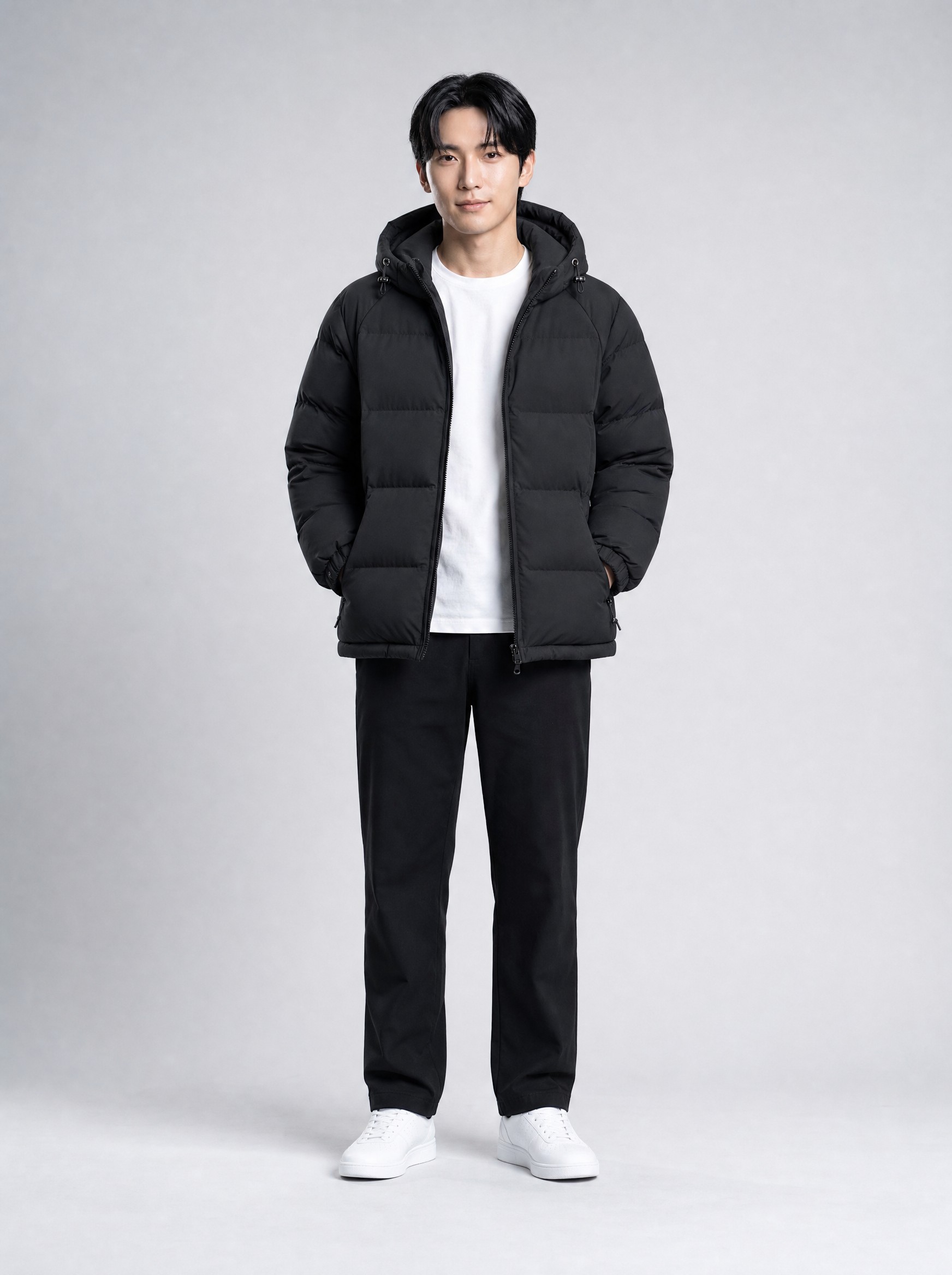 Hooded Short Down Puffer, 95% Down in black, AI-rendered on the house model from the product photo