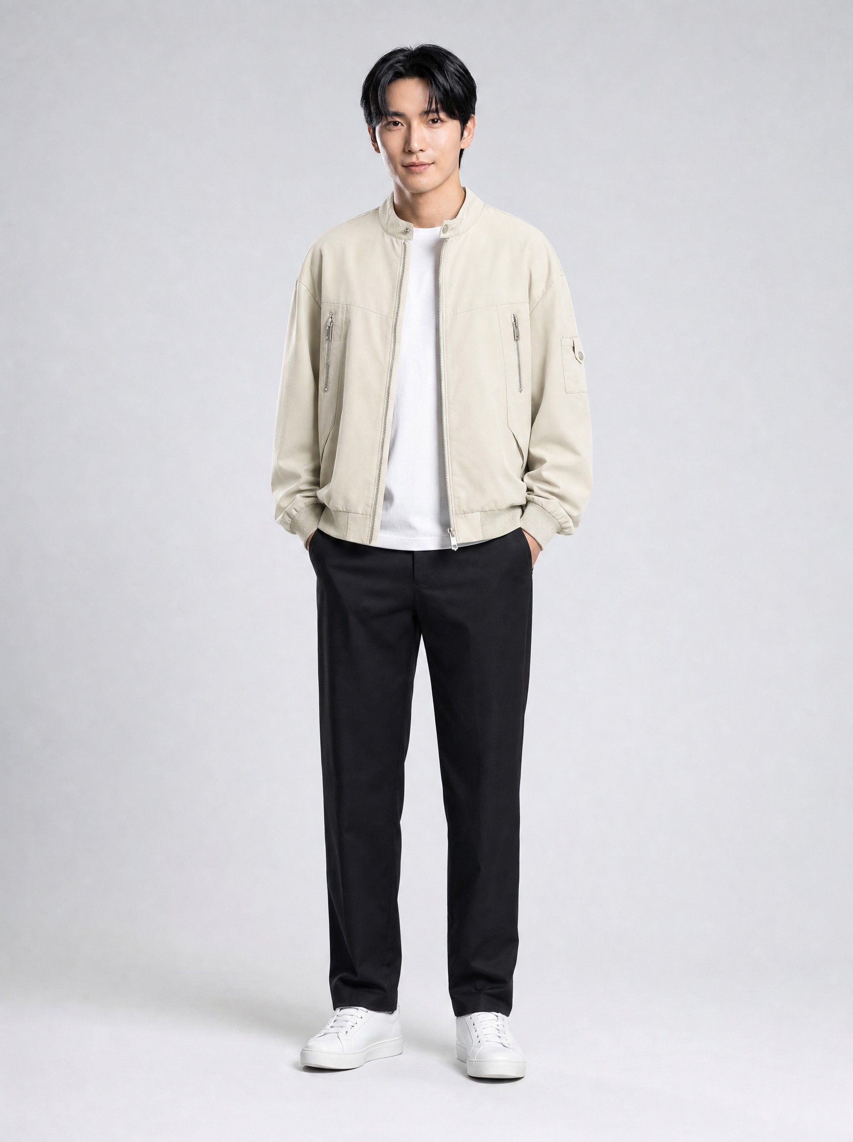 Ribbed-Hem Bomber Jacket in apricot, AI-rendered on the house model from the product photo