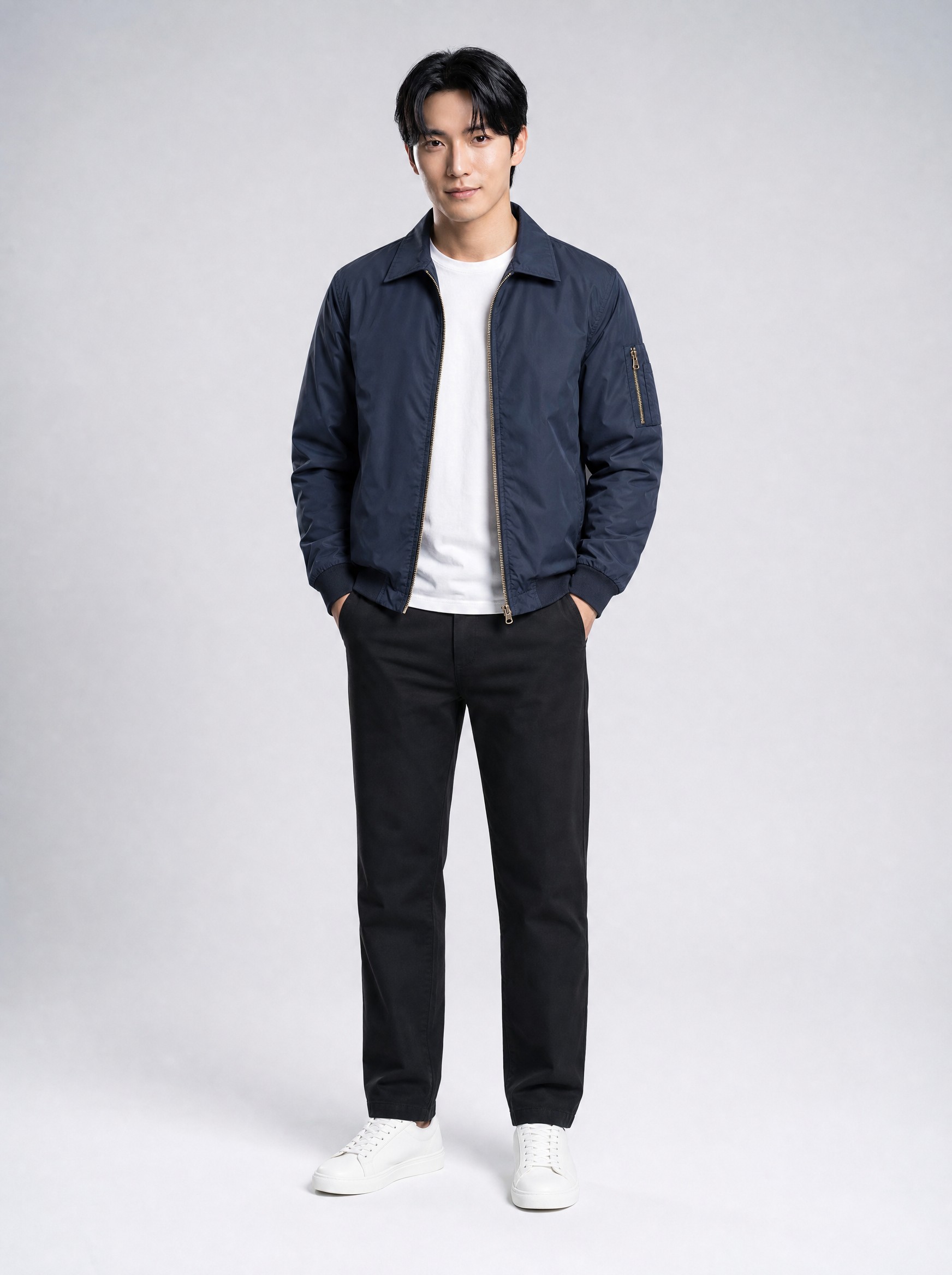Padded Collar Bomber in blue, AI-rendered on the house model from the product photo